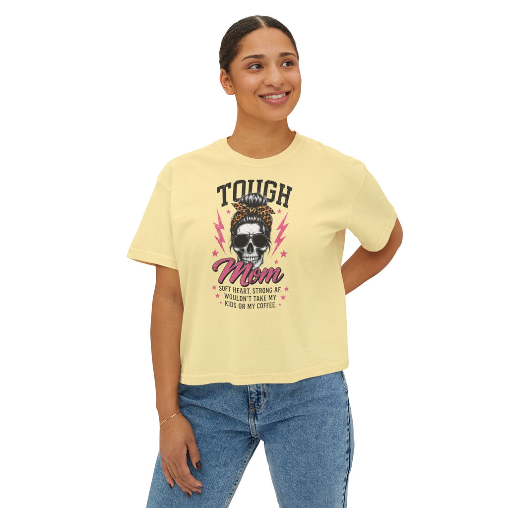 Tough Mom Boxy Tee — Skull Graphic "Tough Mom" Crop T-Shirt