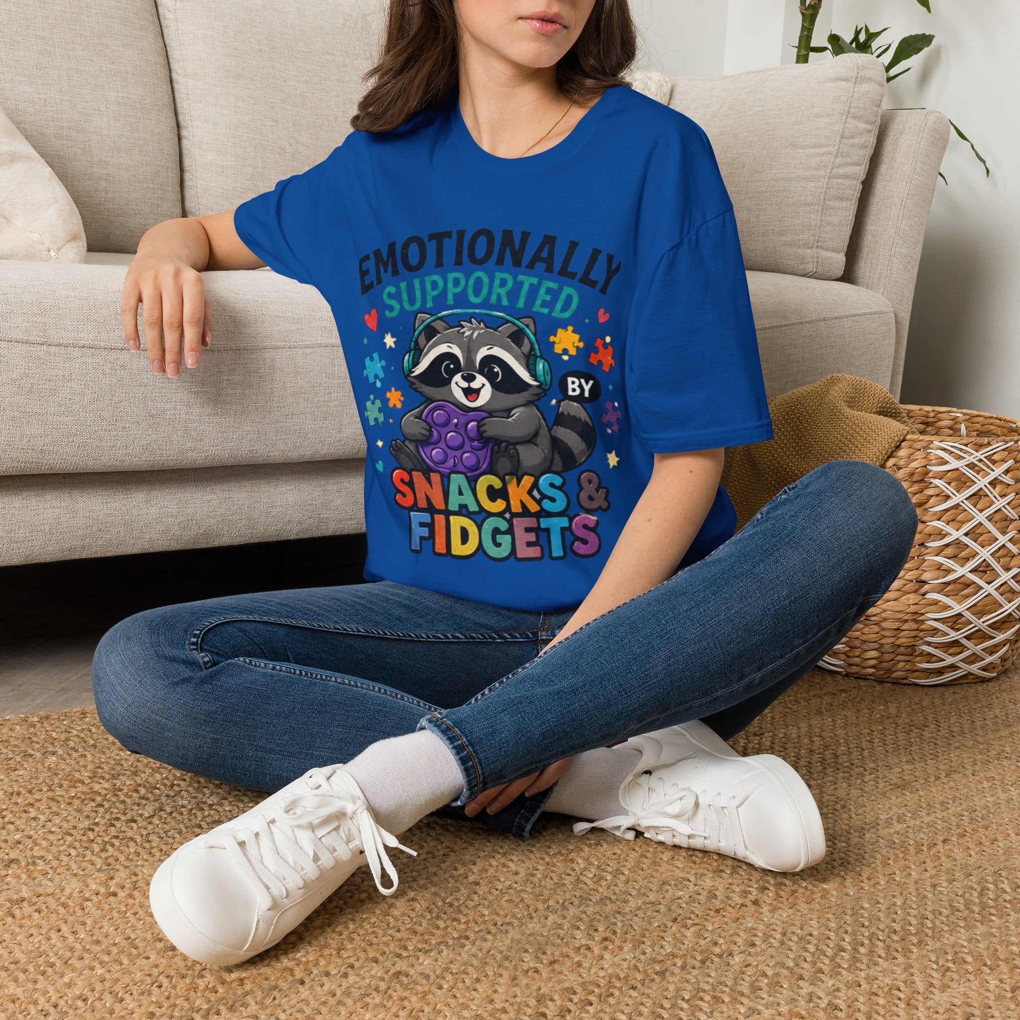 Emotionally Supported by Snacks & Fidgets" Cute Raccoon Graphic