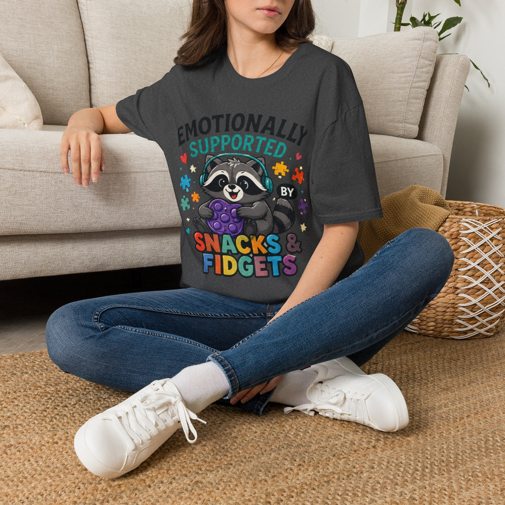 Emotionally Supported by Snacks & Fidgets" Cute Raccoon Graphic