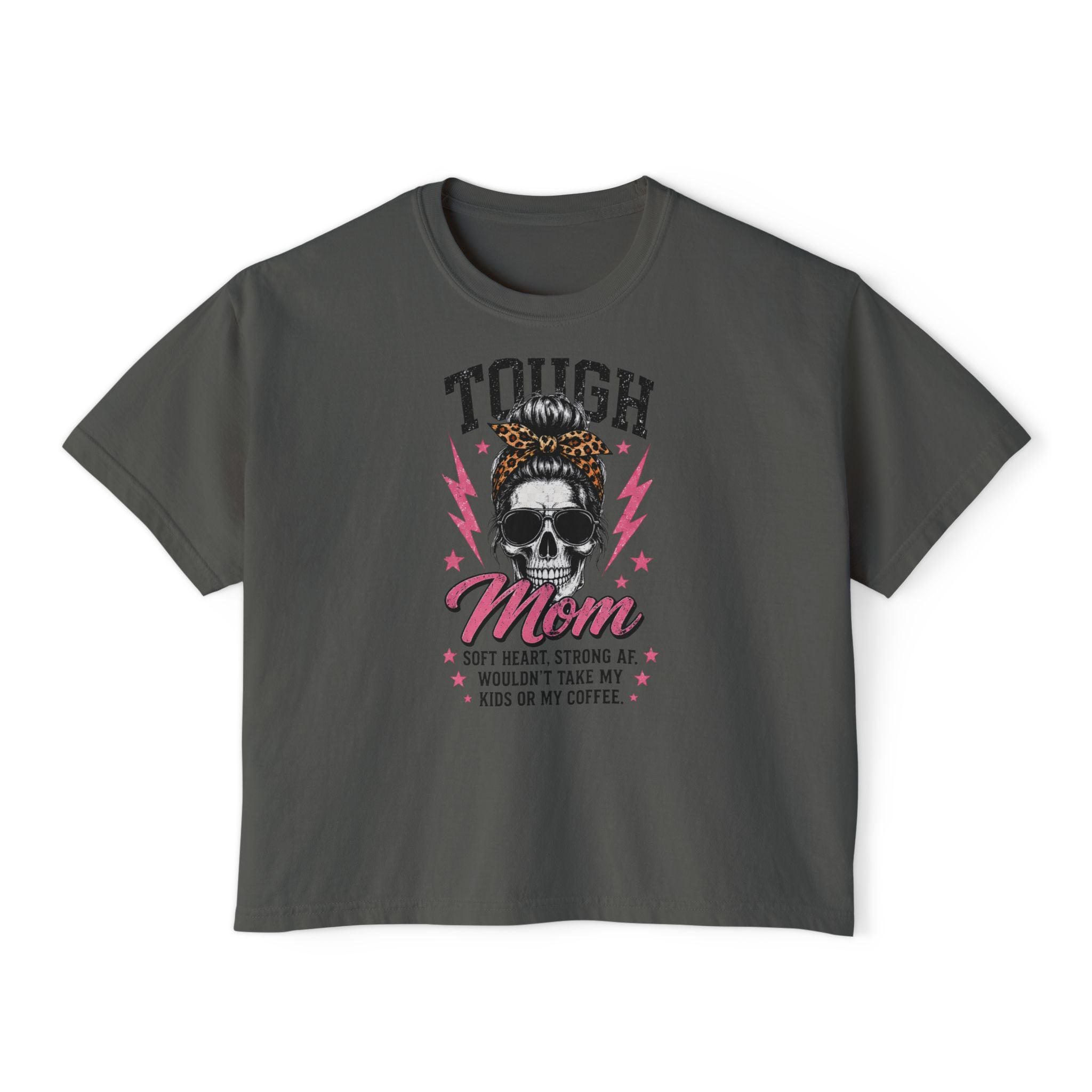 Tough Mom Boxy Tee — Skull Graphic "Tough Mom" Crop T-Shirt