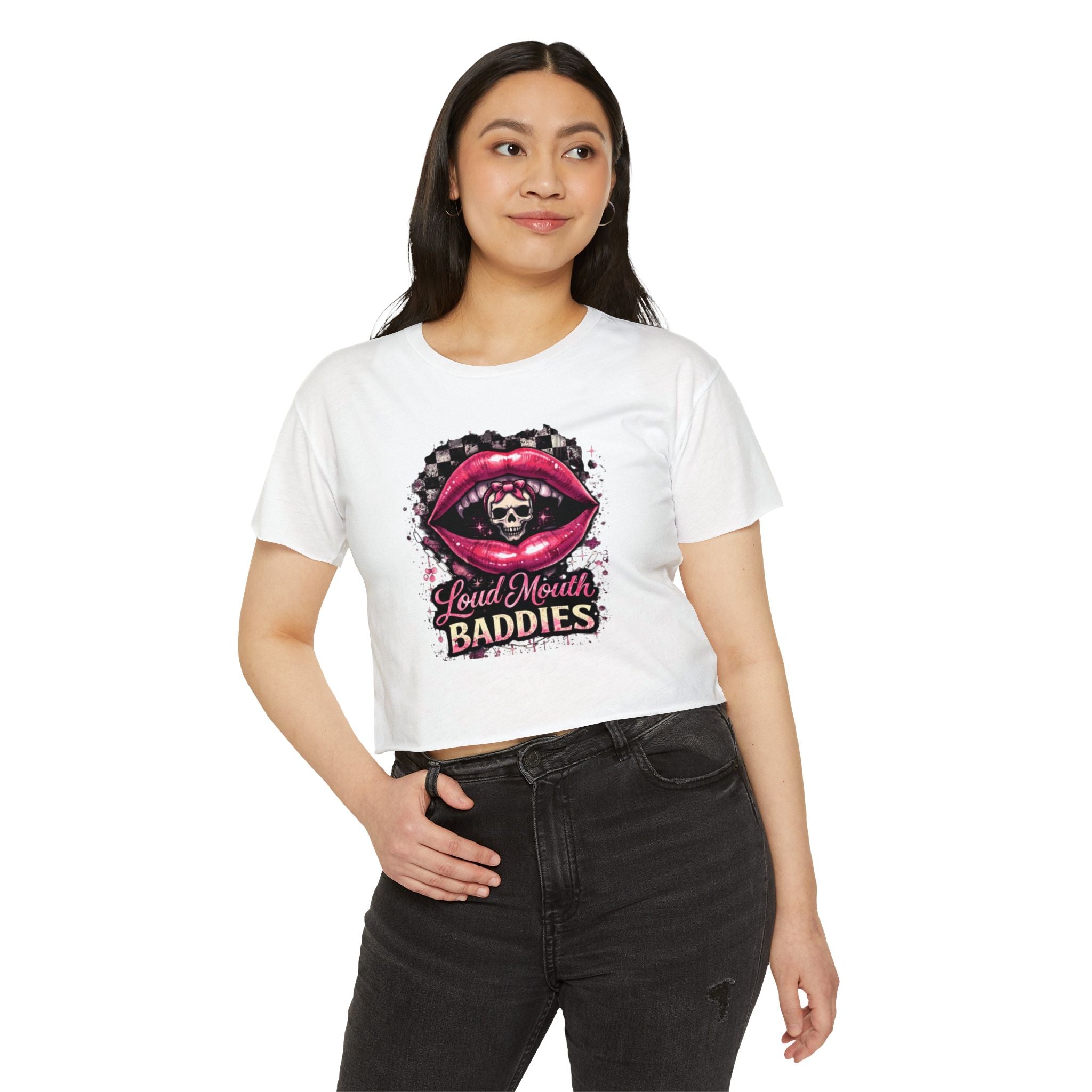 Loud Mouth Baddies Crop Top — Women's Festival Skull Lips Graphic Tee
