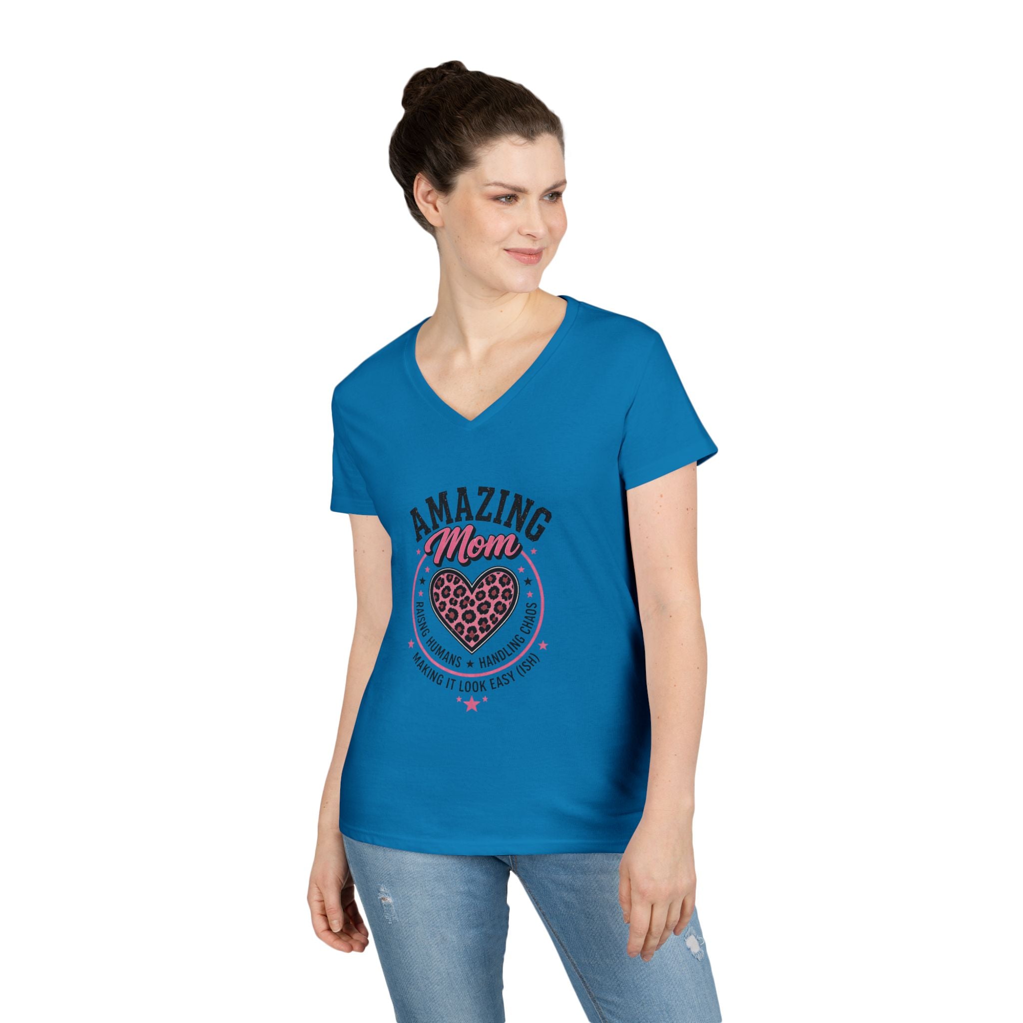 Amazing Mom V-Neck Tee — "Amazing Mom" Heart Graphic Mother's Day Shirt