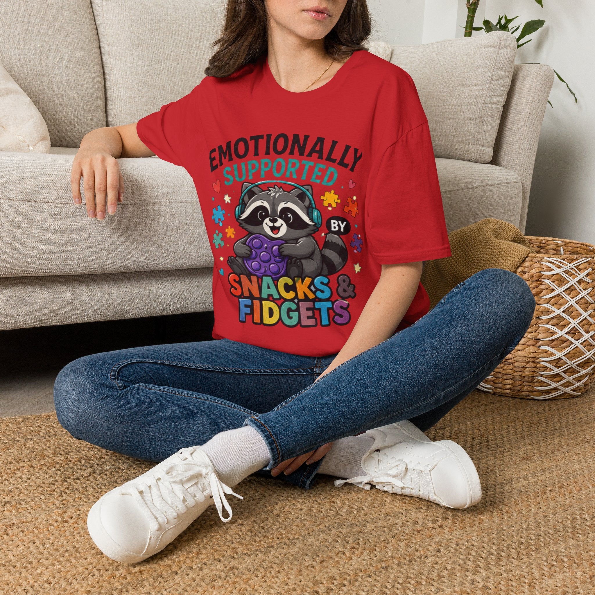 Emotionally Supported by Snacks & Fidgets" Cute Raccoon Graphic