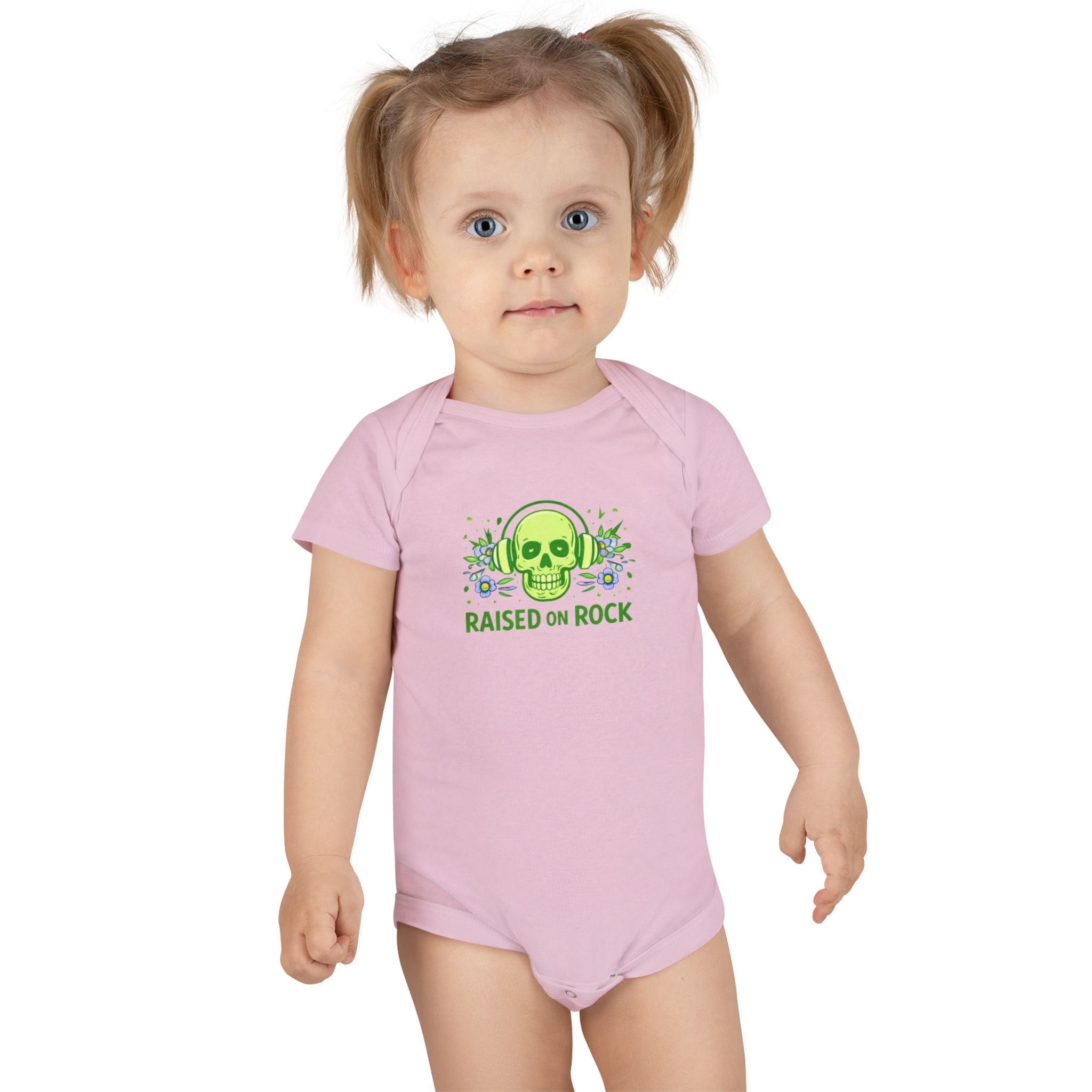 Baby Onesie "Raised on Rock" Skull Graphic Infant Bodysuit