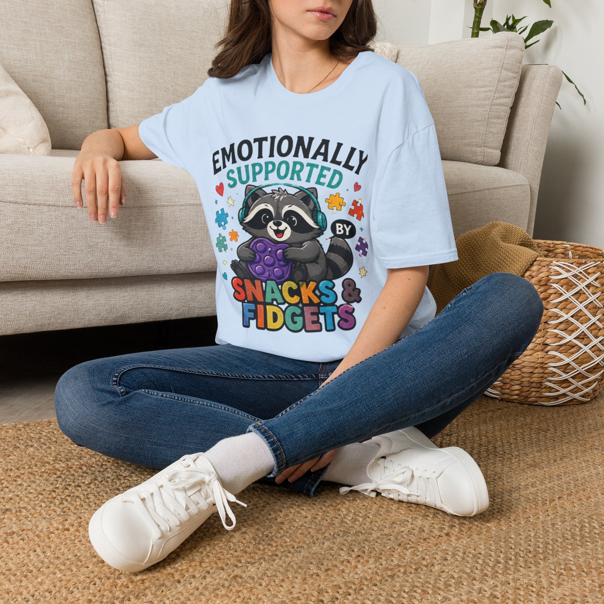 Emotionally Supported by Snacks & Fidgets" Cute Raccoon Graphic