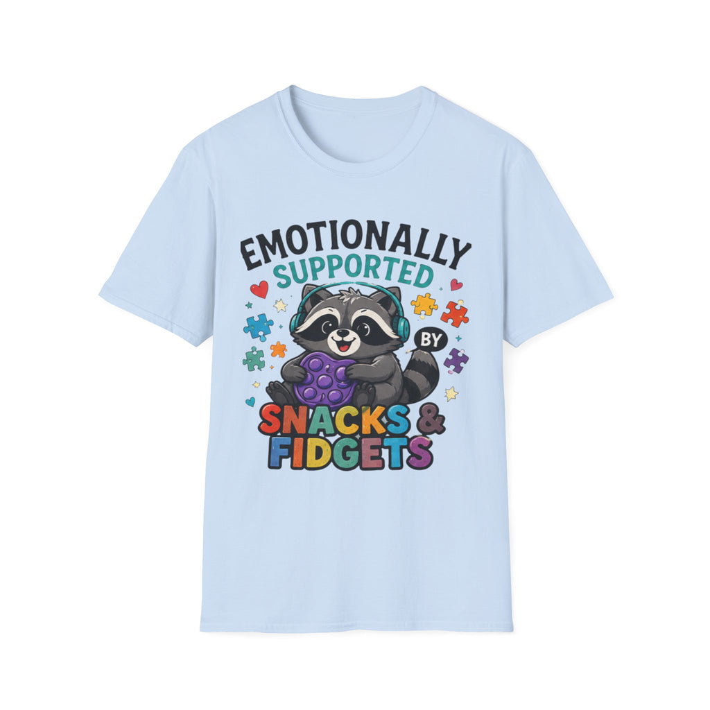 Emotionally Supported by Snacks & Fidgets" Cute Raccoon Graphic