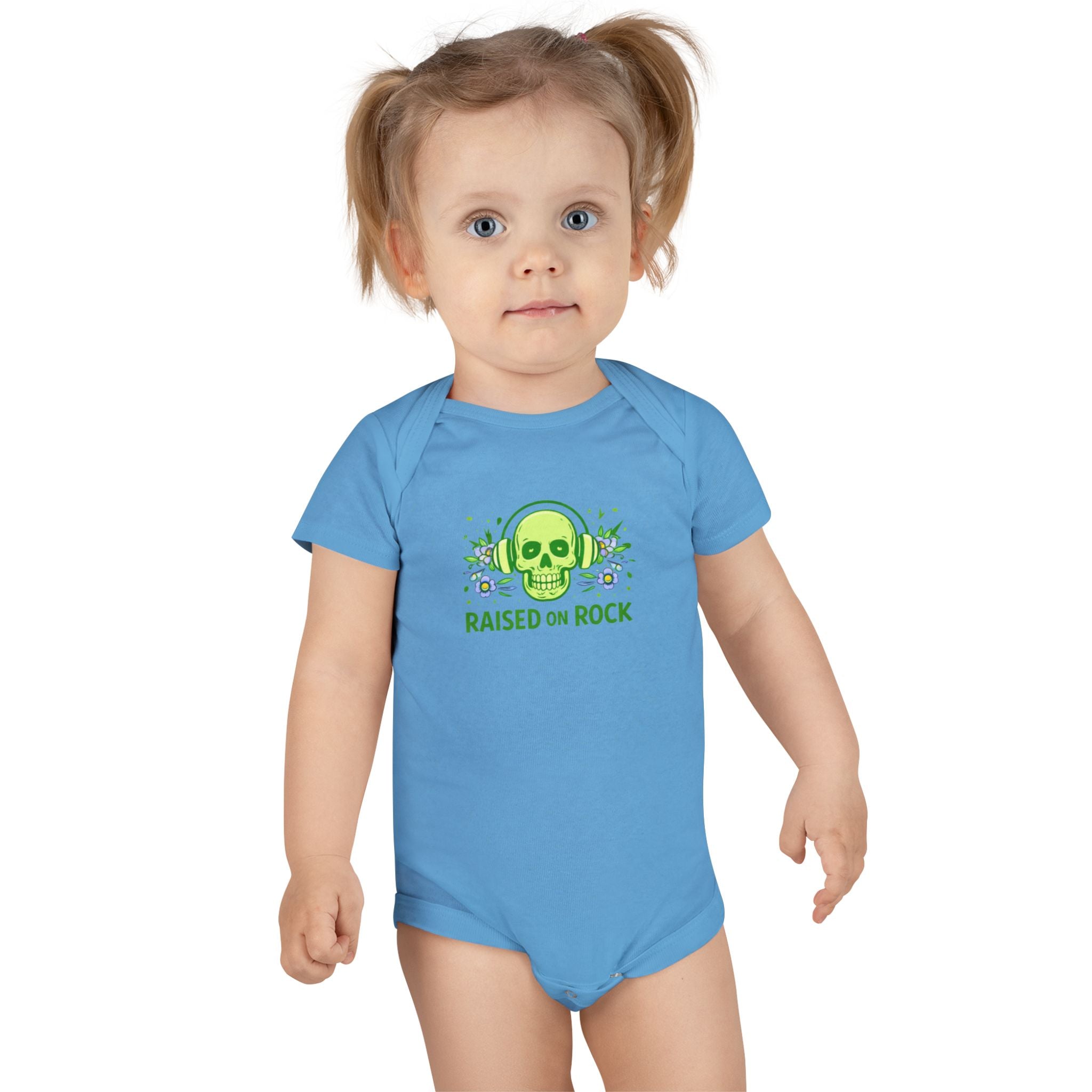 Baby Onesie "Raised on Rock" Skull Graphic Infant Bodysuit