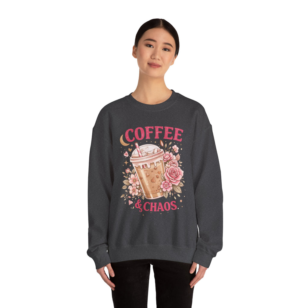 Coffee & Chaos Sweatshirt — Cute Floral Iced Coffee Graphic Crewneck