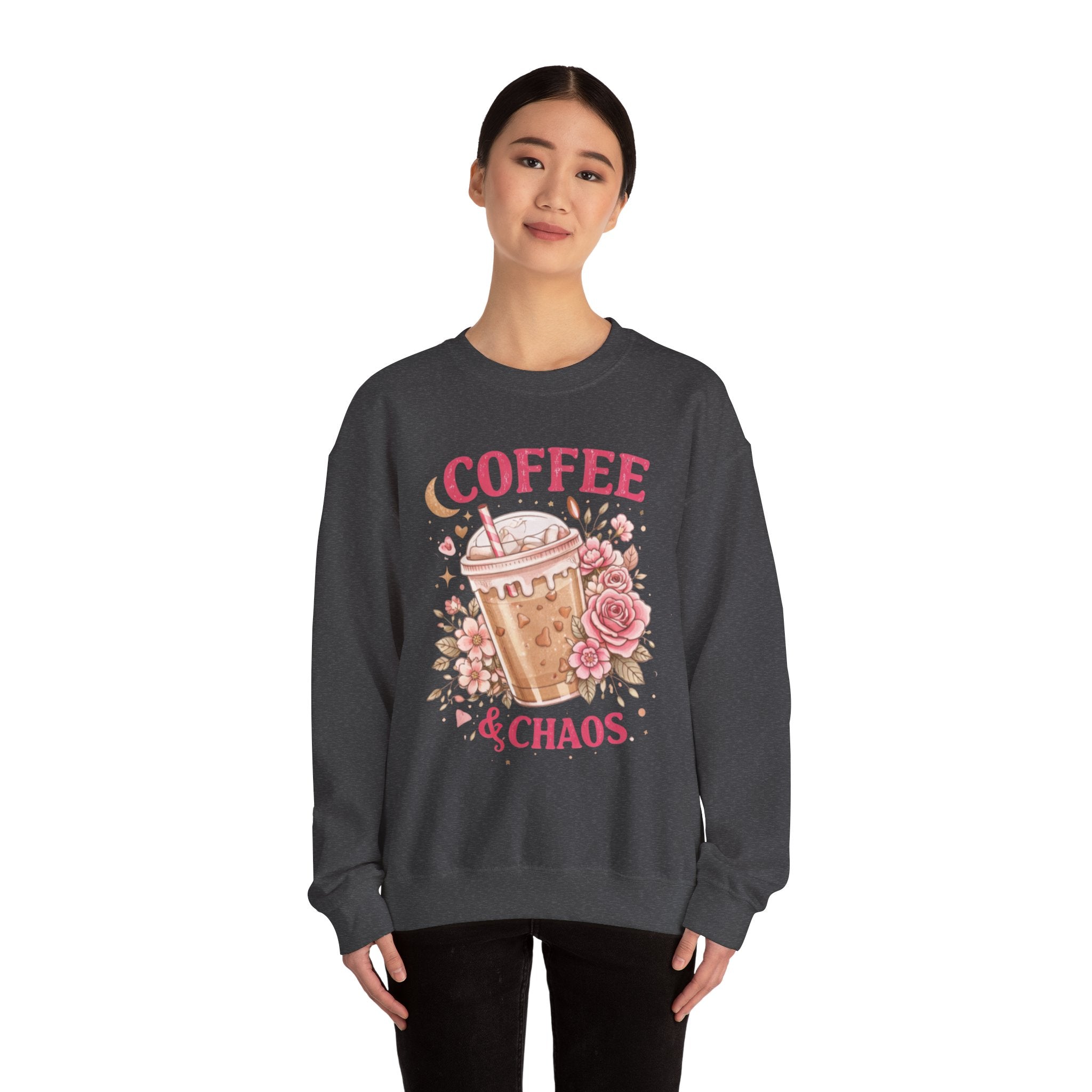 Coffee & Chaos Sweatshirt — Cute Floral Iced Coffee Graphic Crewneck