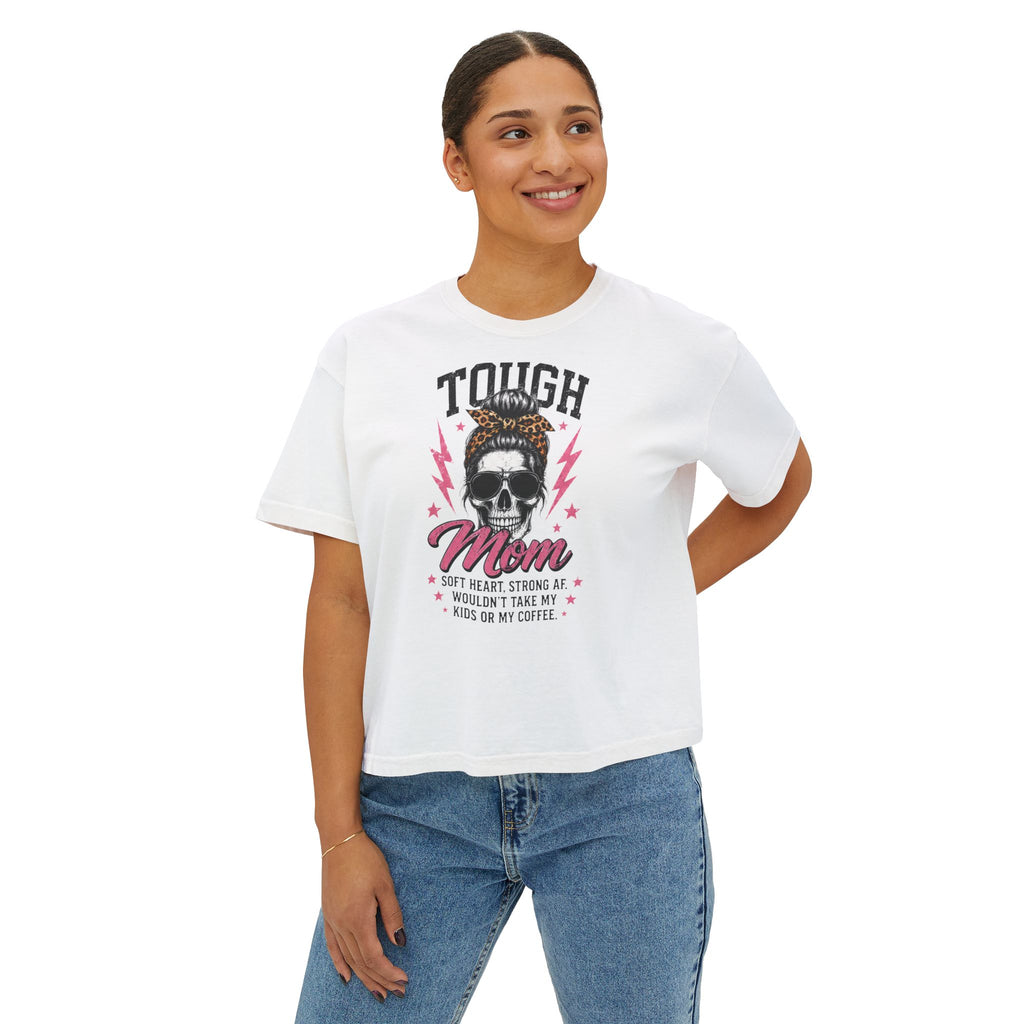 Tough Mom Boxy Tee — Skull Graphic "Tough Mom" Crop T-Shirt