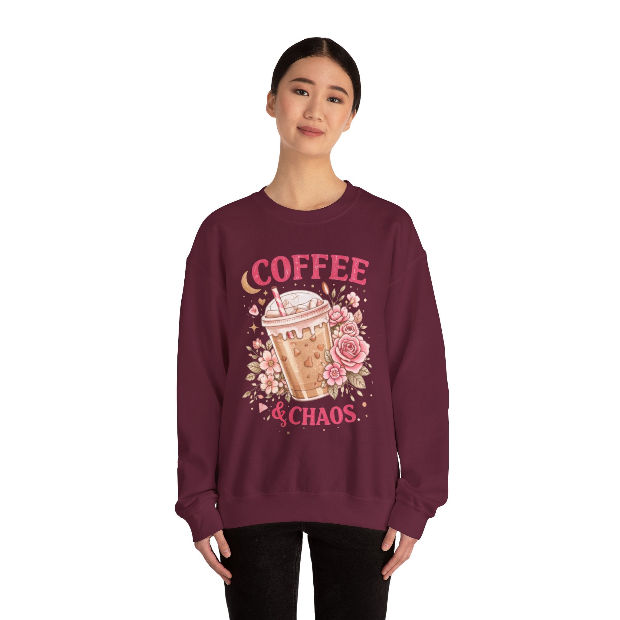 Coffee & Chaos Sweatshirt — Cute Floral Iced Coffee Graphic Crewneck