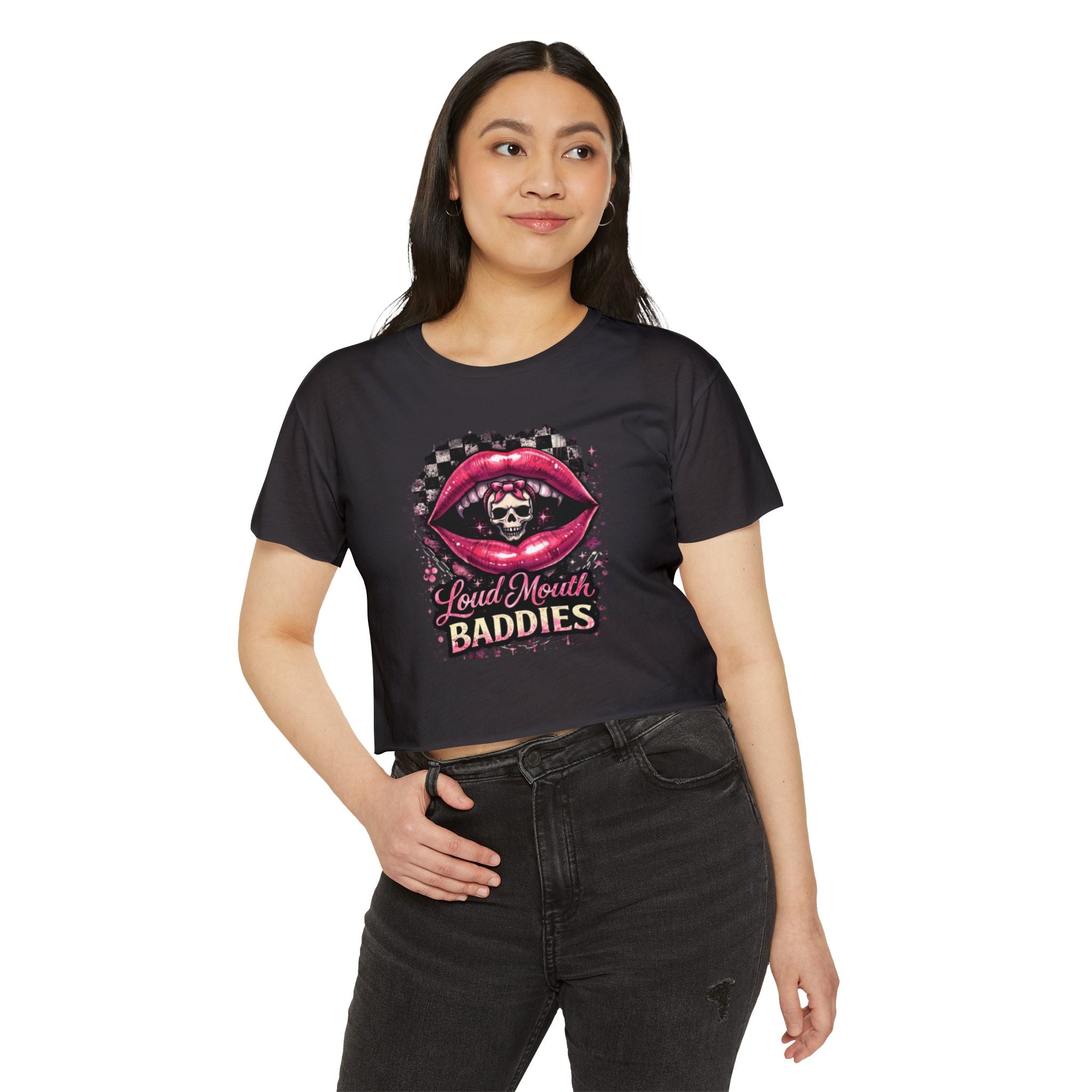 Loud Mouth Baddies Crop Top — Women's Festival Skull Lips Graphic Tee