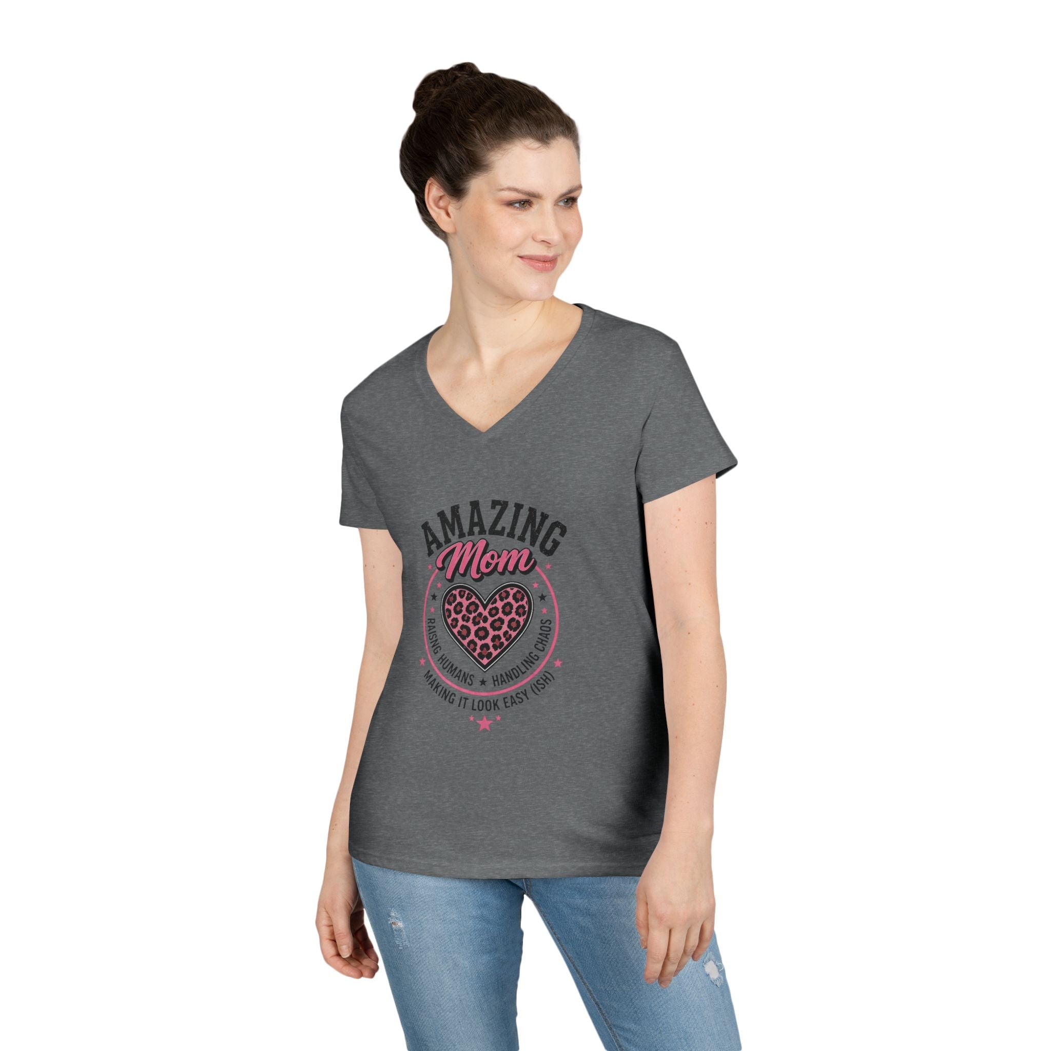 Amazing Mom V-Neck Tee — "Amazing Mom" Heart Graphic Mother's Day Shirt