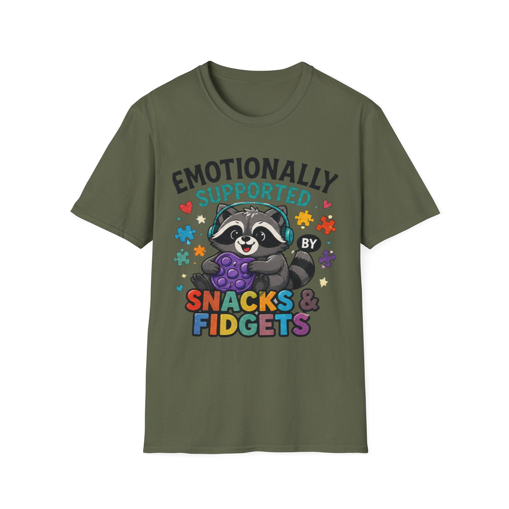 Emotionally Supported by Snacks & Fidgets" Cute Raccoon Graphic