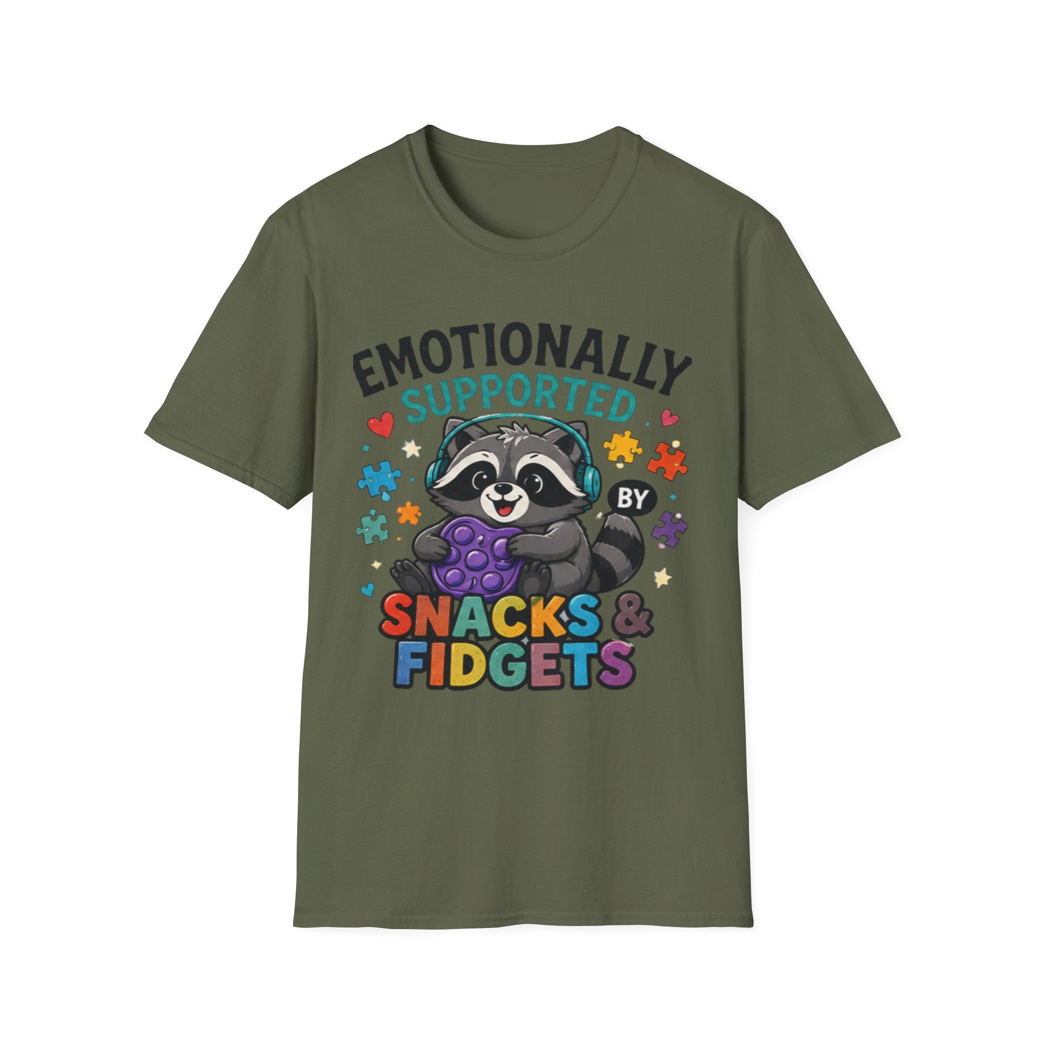 Emotionally Supported by Snacks & Fidgets" Cute Raccoon Graphic