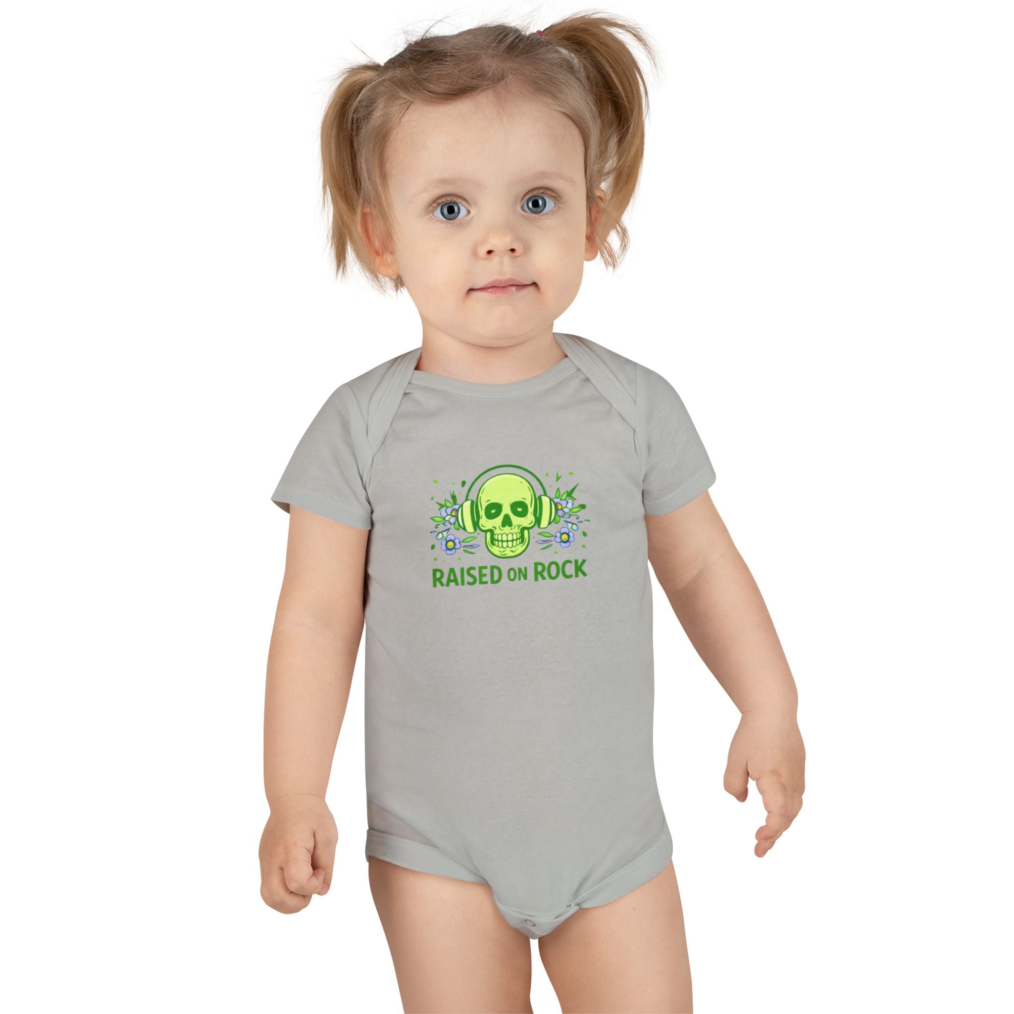 Baby Onesie "Raised on Rock" Skull Graphic Infant Bodysuit