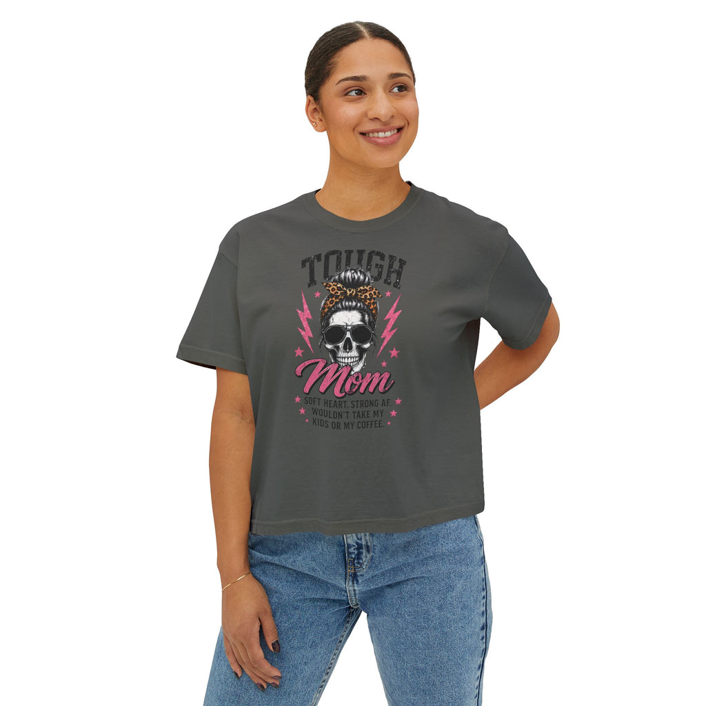 Tough Mom Boxy Tee — Skull Graphic "Tough Mom" Crop T-Shirt