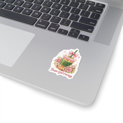 Boba Tea 'Basic Girl Energy' Kiss-Cut Sticker — Cute Floral Bubble Tea Laptop Decal