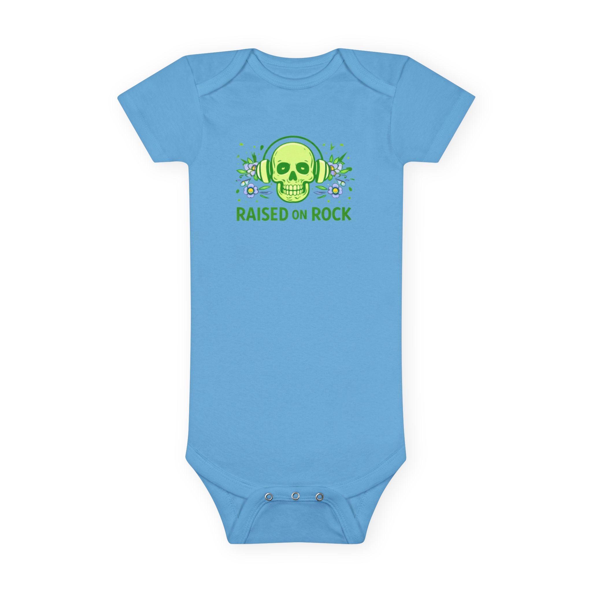 Baby Onesie "Raised on Rock" Skull Graphic Infant Bodysuit