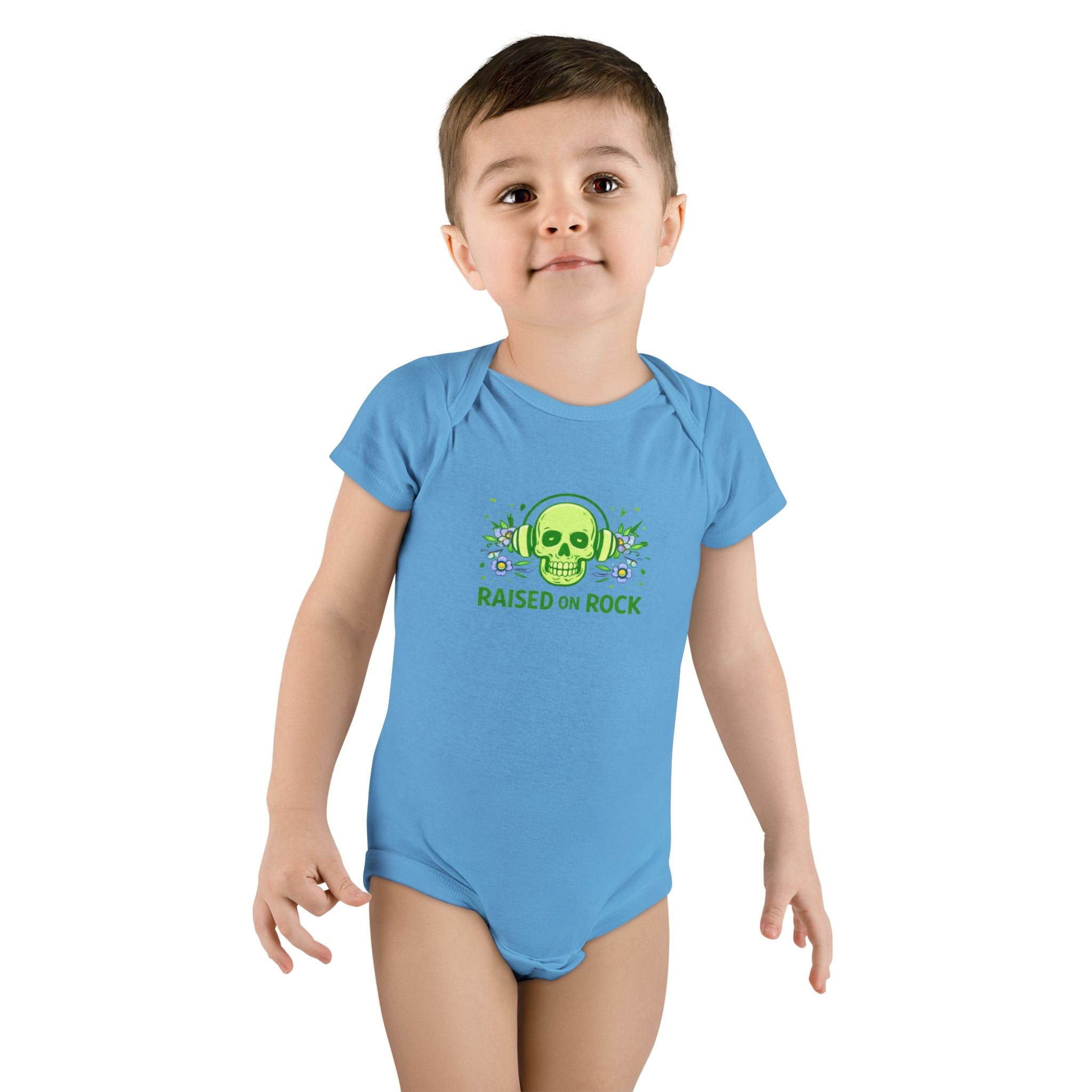Baby Onesie "Raised on Rock" Skull Graphic Infant Bodysuit