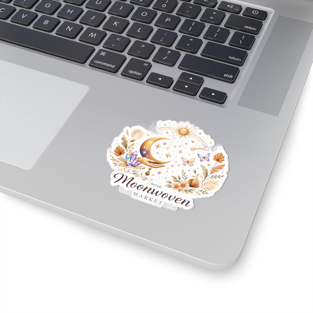 Moonwoven Market Kiss-Cut Sticker — Celestial Moon, Crystals & Floral Laptop Decal