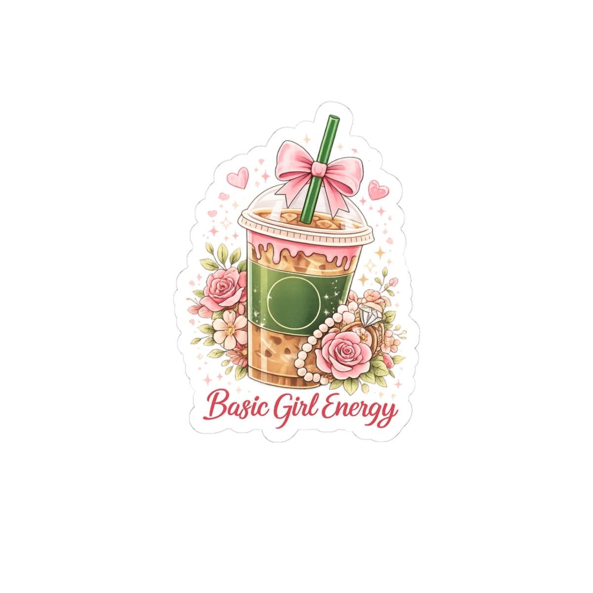 Boba Tea 'Basic Girl Energy' Kiss-Cut Sticker — Cute Floral Bubble Tea Laptop Decal