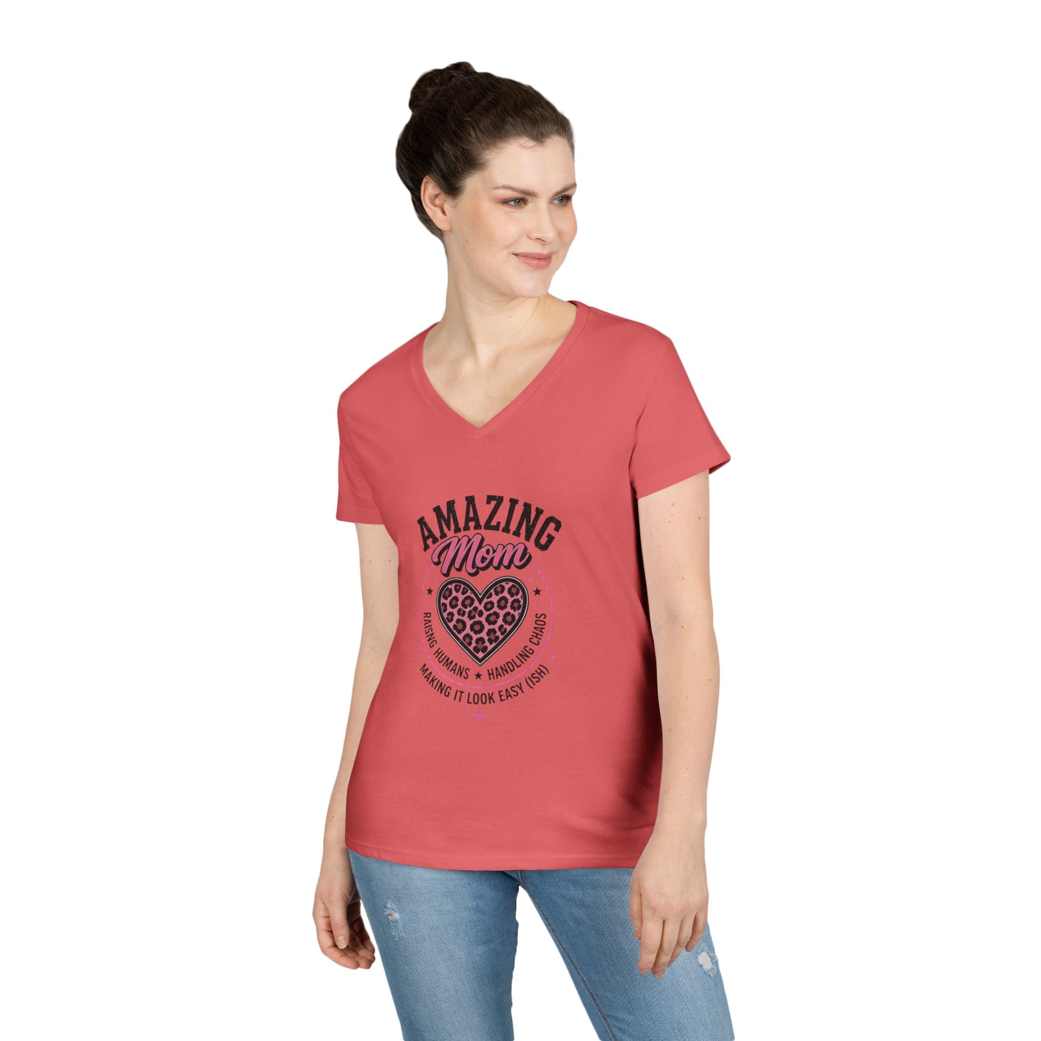 Amazing Mom V-Neck Tee — "Amazing Mom" Heart Graphic Mother's Day Shirt