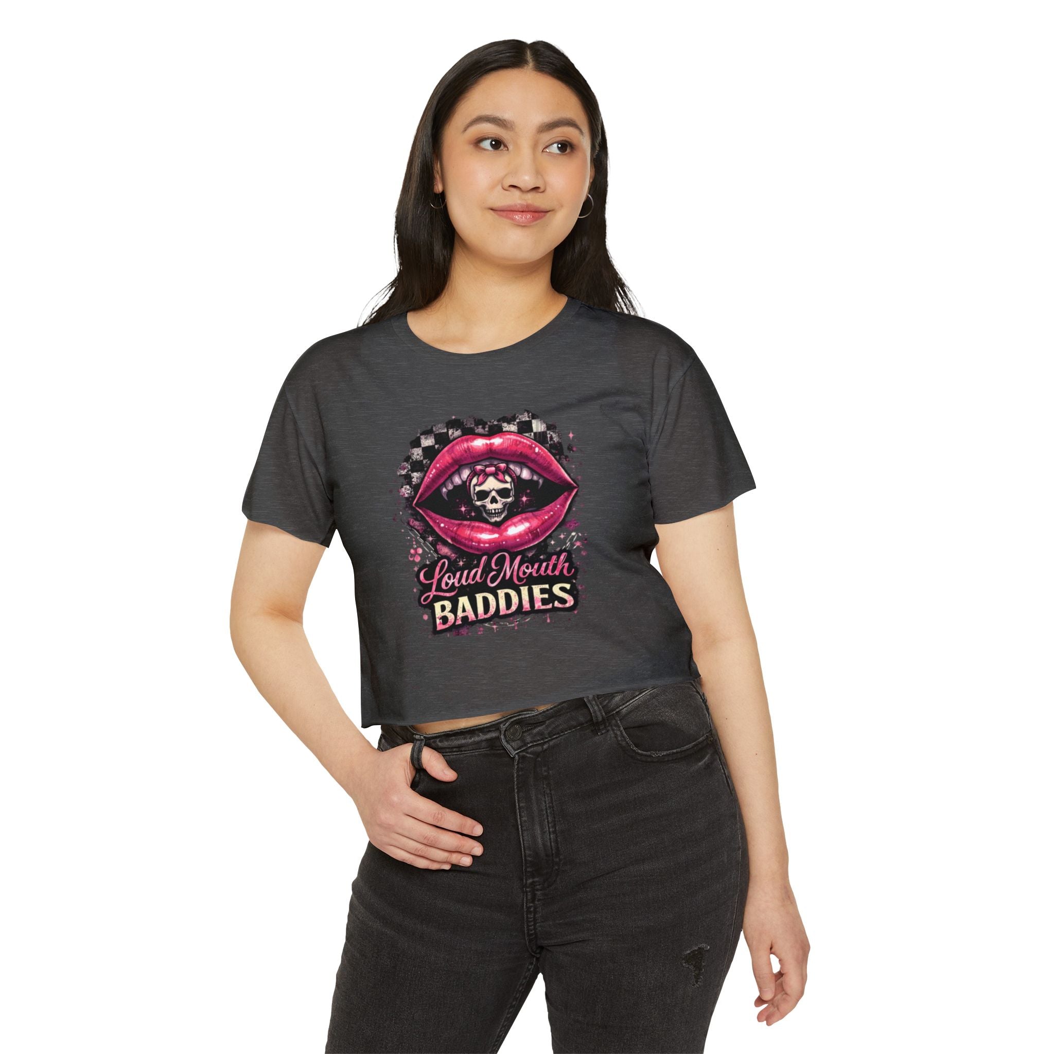 Loud Mouth Baddies Crop Top — Women's Festival Skull Lips Graphic Tee