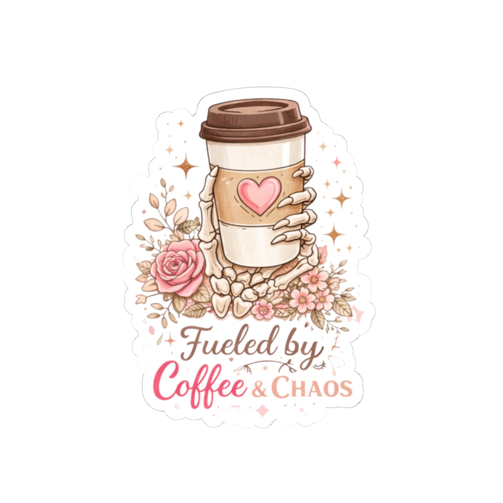 Kiss-Cut Sticker — Fueled by Coffee & Chaos Floral Travel Cup Design