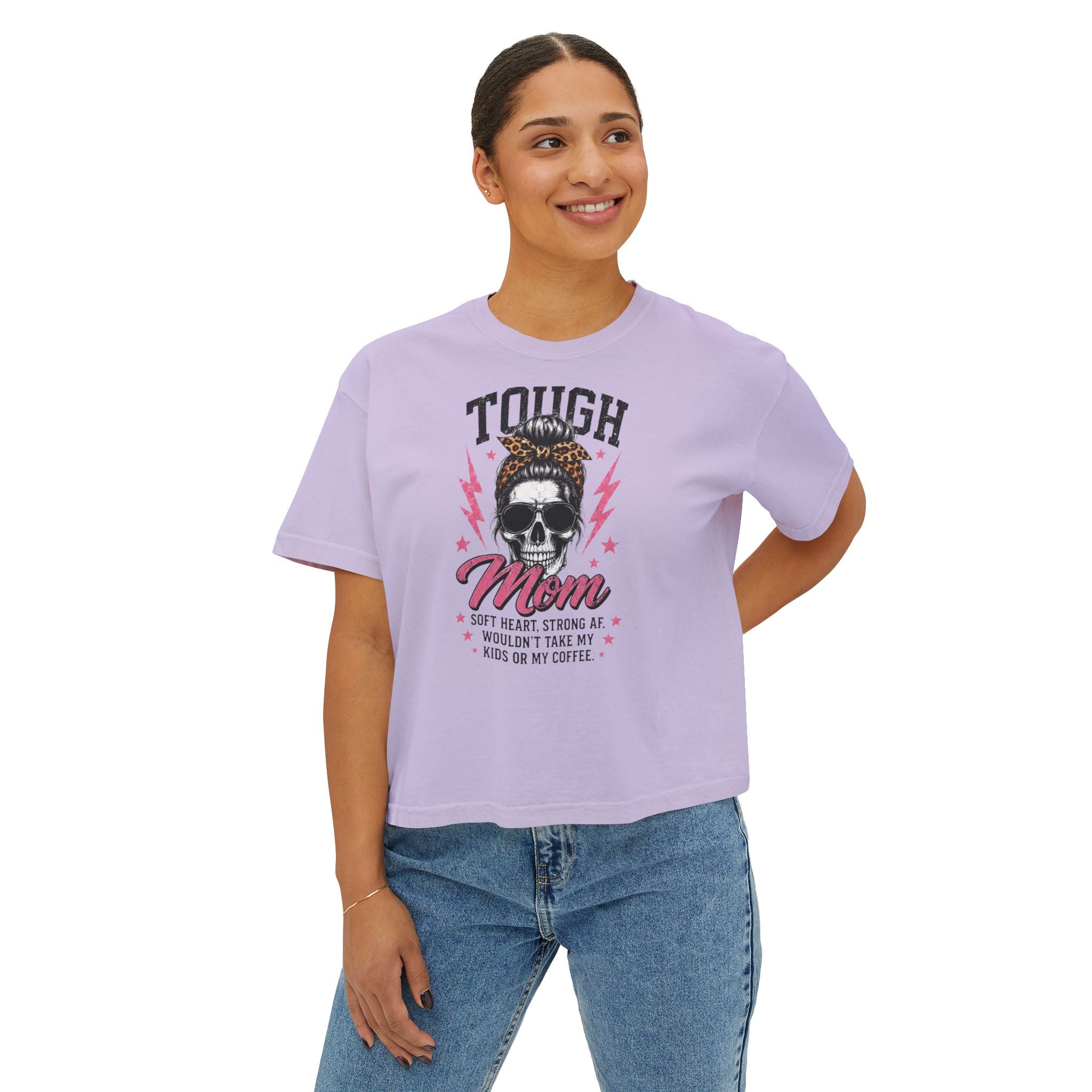 Tough Mom Boxy Tee — Skull Graphic "Tough Mom" Crop T-Shirt