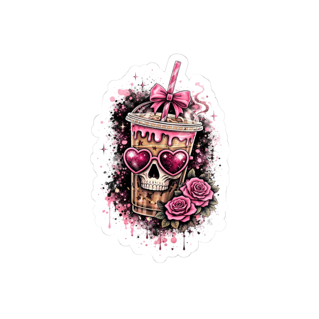 Pink Skull Drink Sticker — Gothic Cute Kiss-Cut Decal for Laptops & Water Bottles