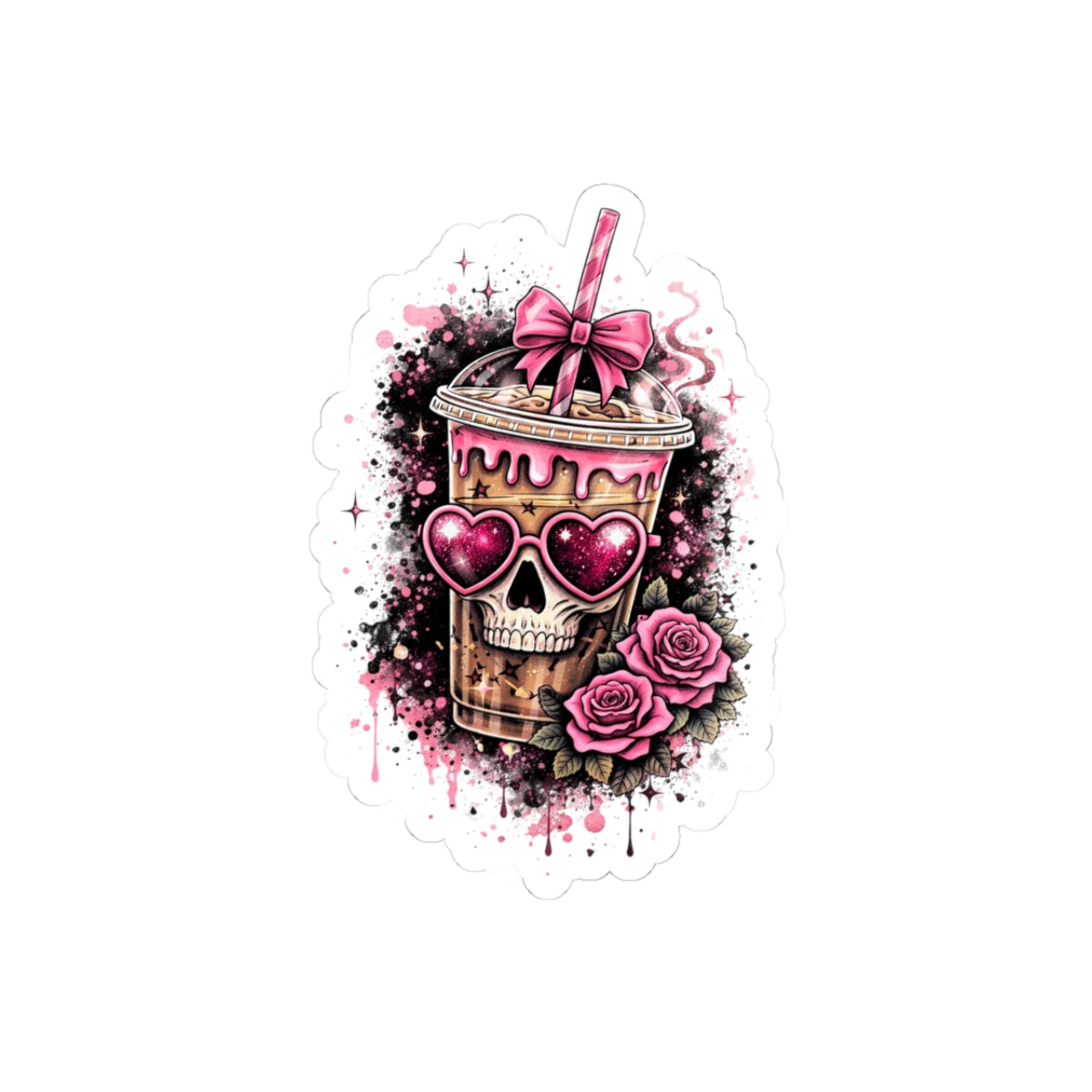 Pink Skull Drink Sticker — Gothic Cute Kiss-Cut Decal for Laptops & Water Bottles