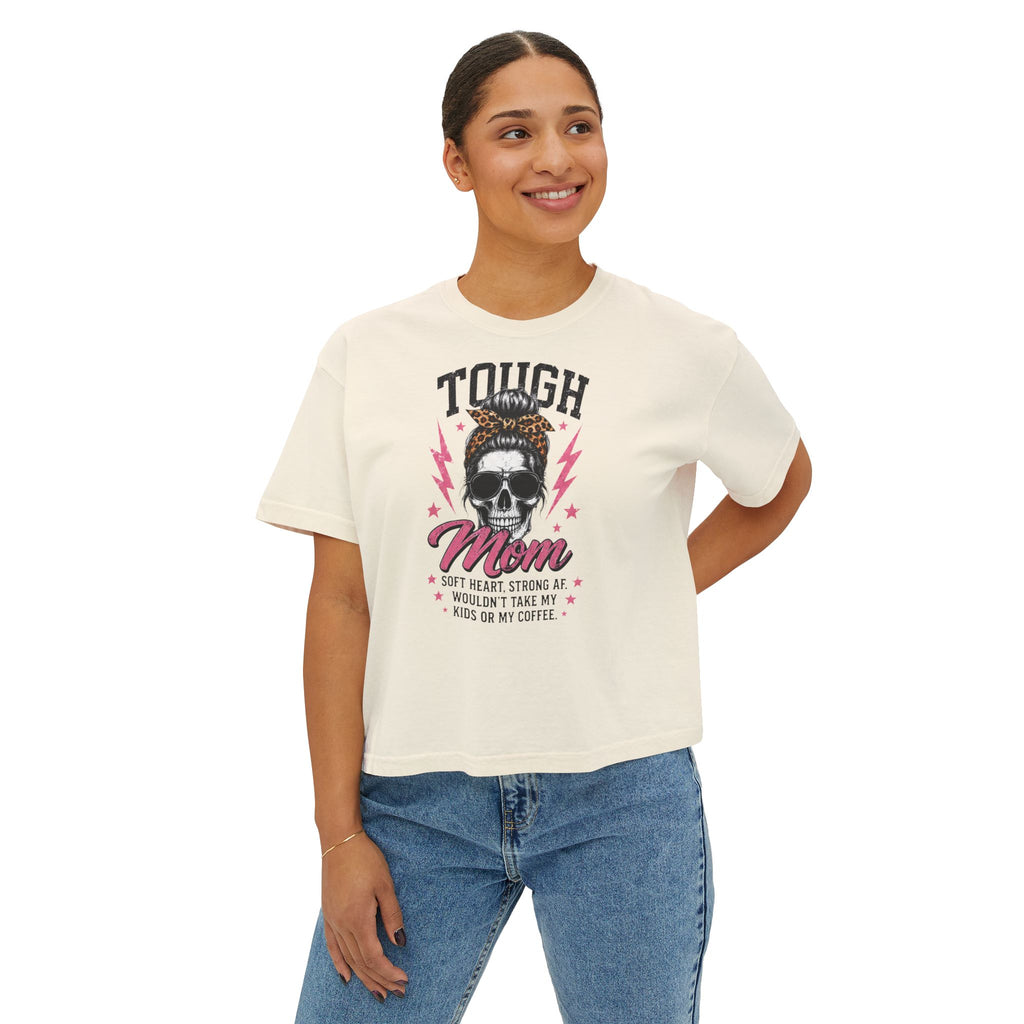 Tough Mom Boxy Tee — Skull Graphic "Tough Mom" Crop T-Shirt