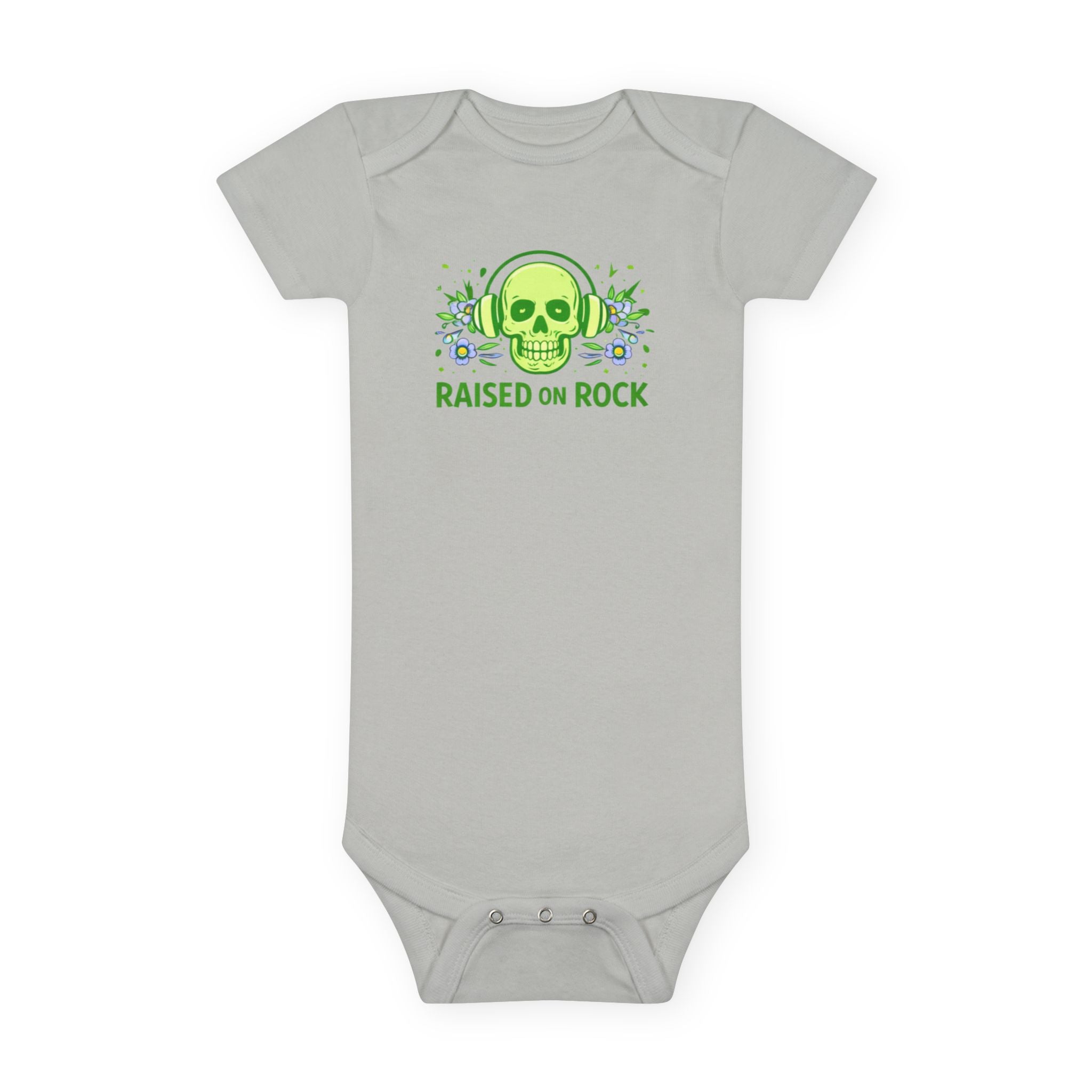 Baby Onesie "Raised on Rock" Skull Graphic Infant Bodysuit