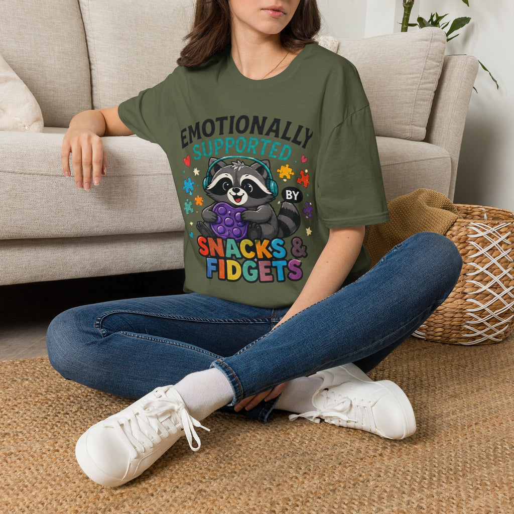 Emotionally Supported by Snacks & Fidgets" Cute Raccoon Graphic