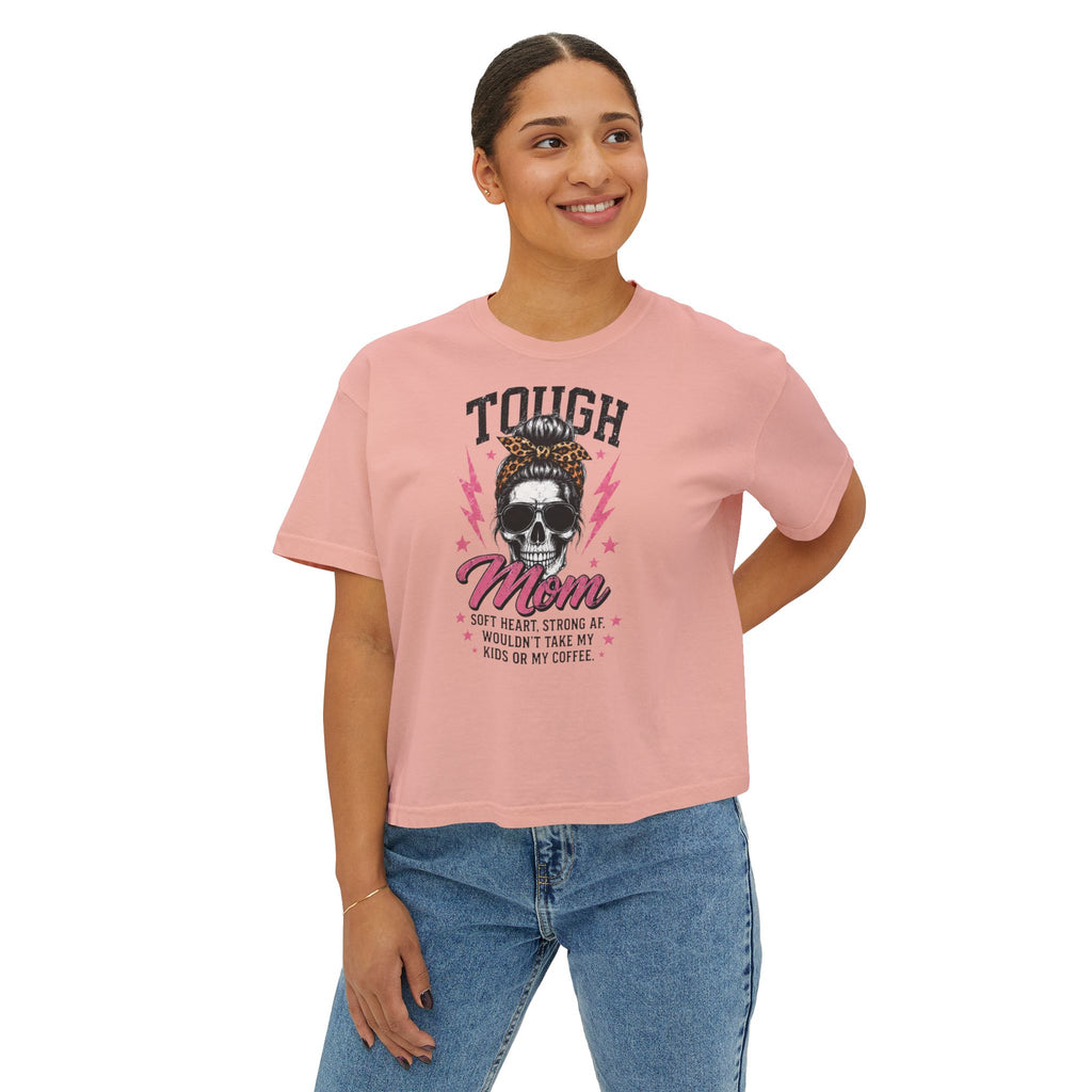 Tough Mom Boxy Tee — Skull Graphic "Tough Mom" Crop T-Shirt