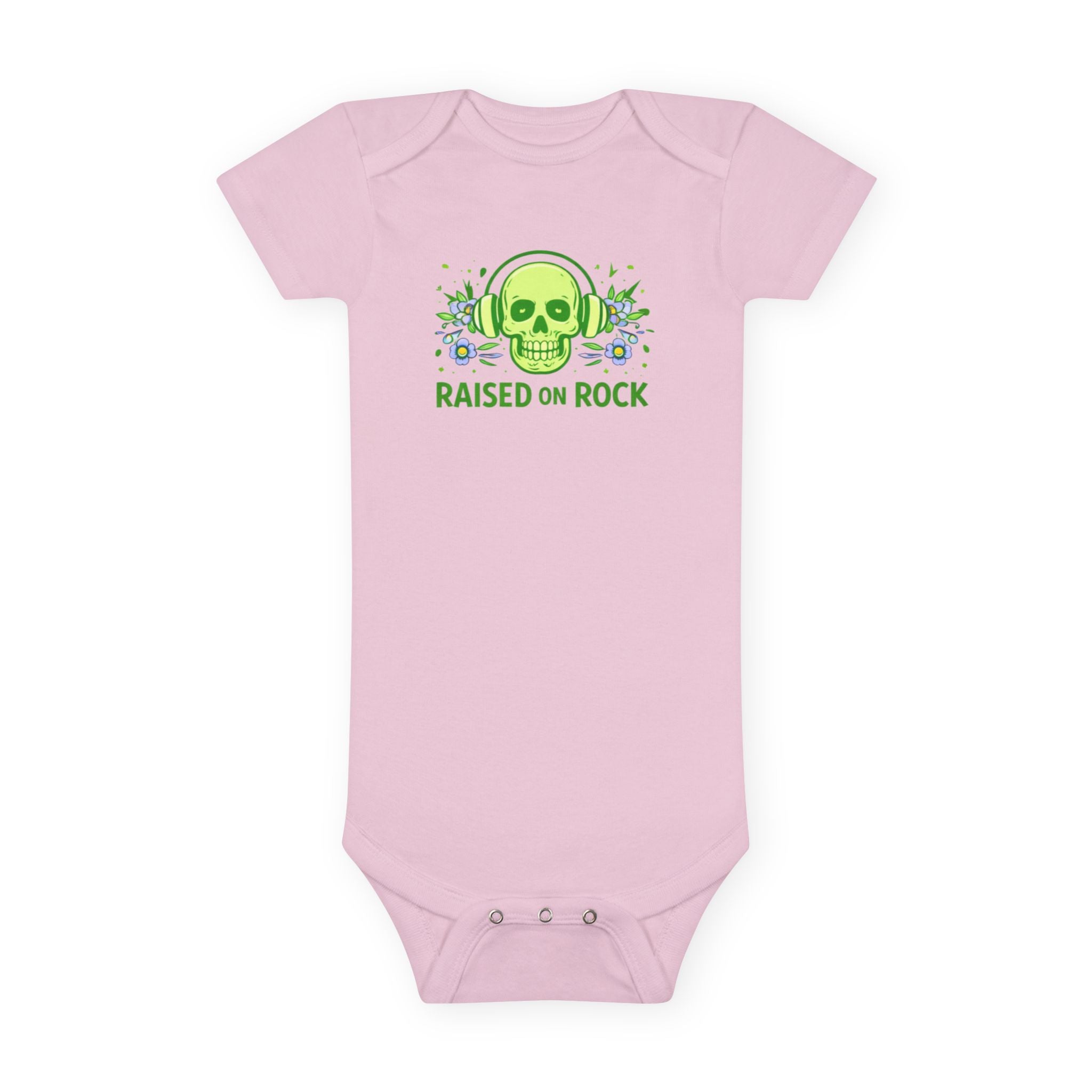 Baby Onesie "Raised on Rock" Skull Graphic Infant Bodysuit