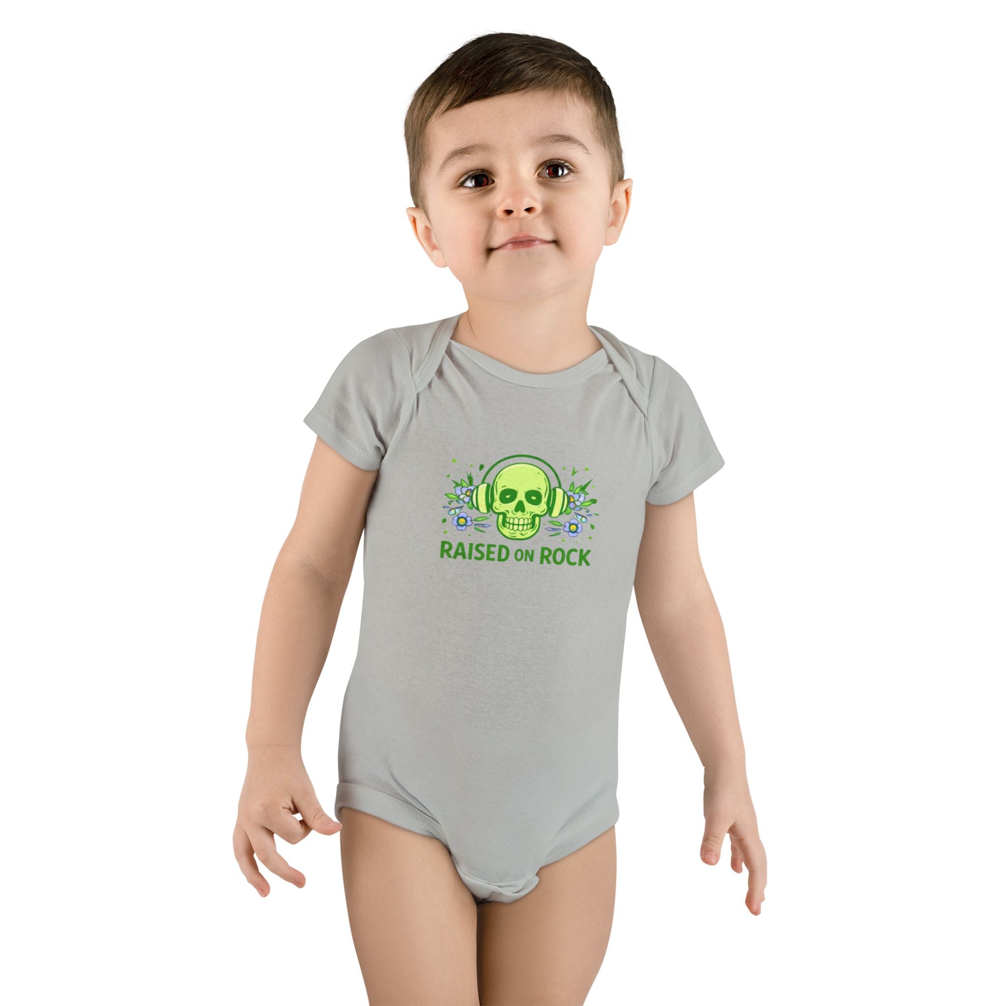 Baby Onesie "Raised on Rock" Skull Graphic Infant Bodysuit
