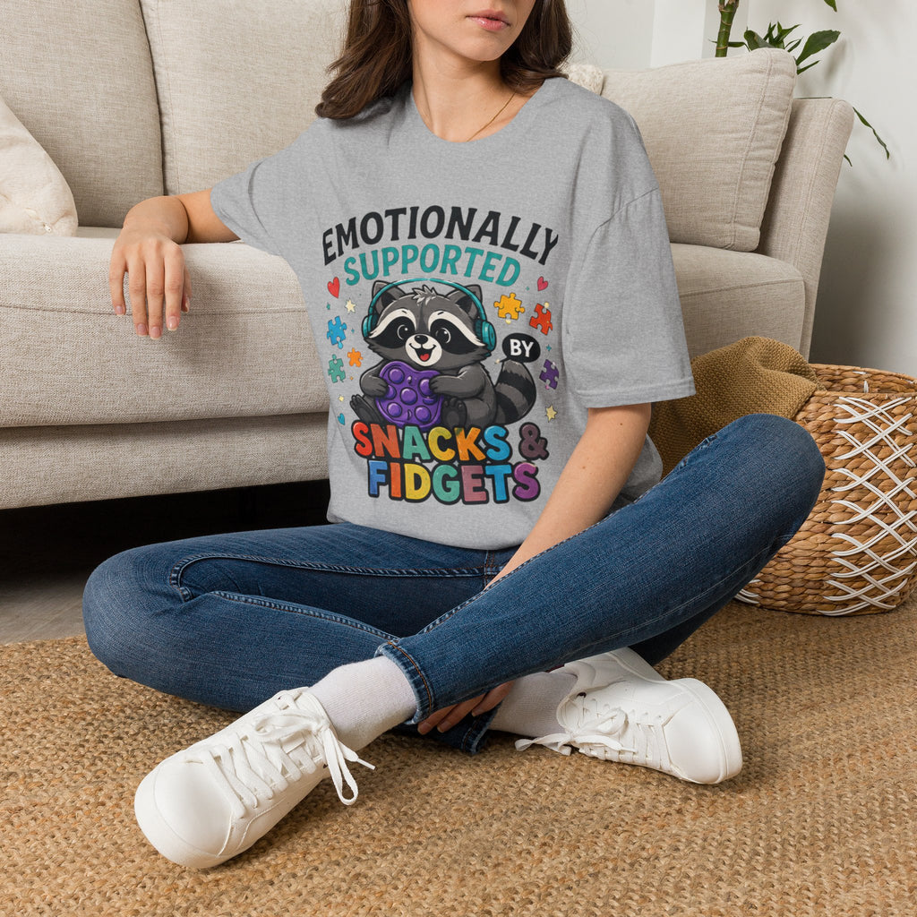 Emotionally Supported by Snacks & Fidgets" Cute Raccoon Graphic