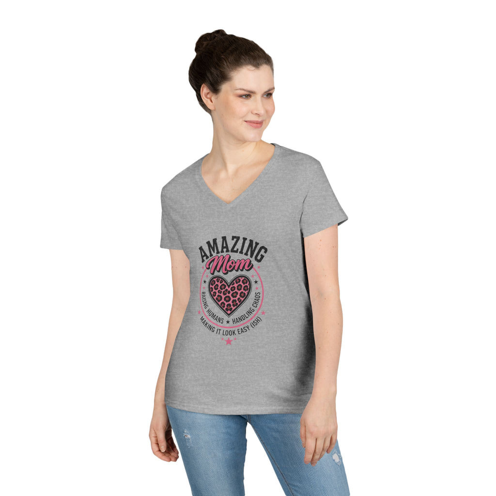 Amazing Mom V-Neck Tee — "Amazing Mom" Heart Graphic Mother's Day Shirt