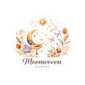 Moonwoven Market Kiss-Cut Sticker — Celestial Moon, Crystals & Floral Laptop Decal