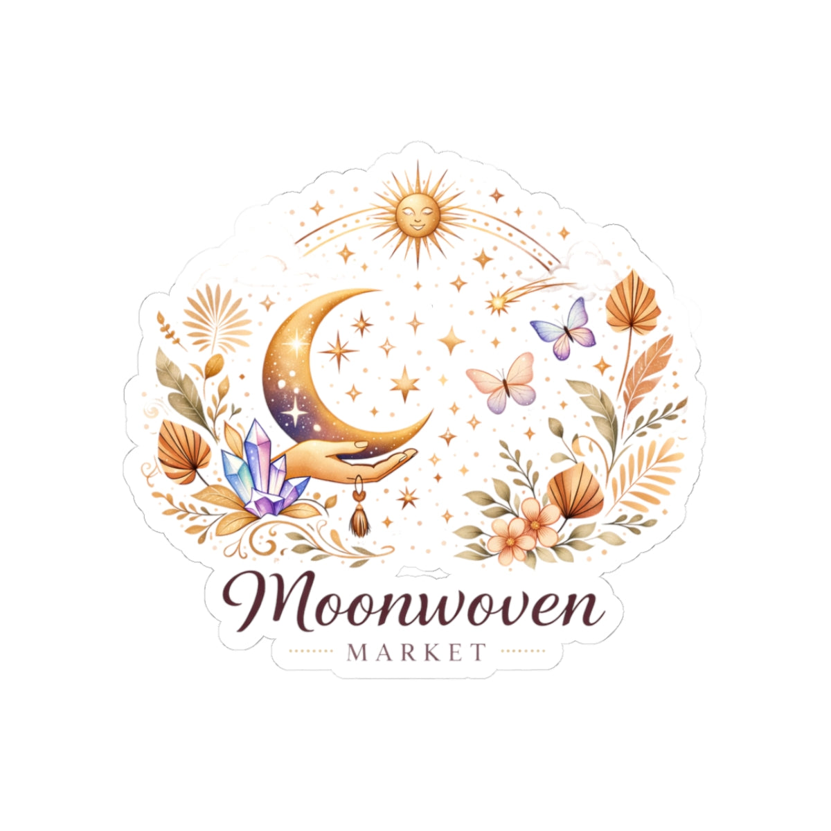 Moonwoven Market Kiss-Cut Sticker — Celestial Moon, Crystals & Floral Laptop Decal