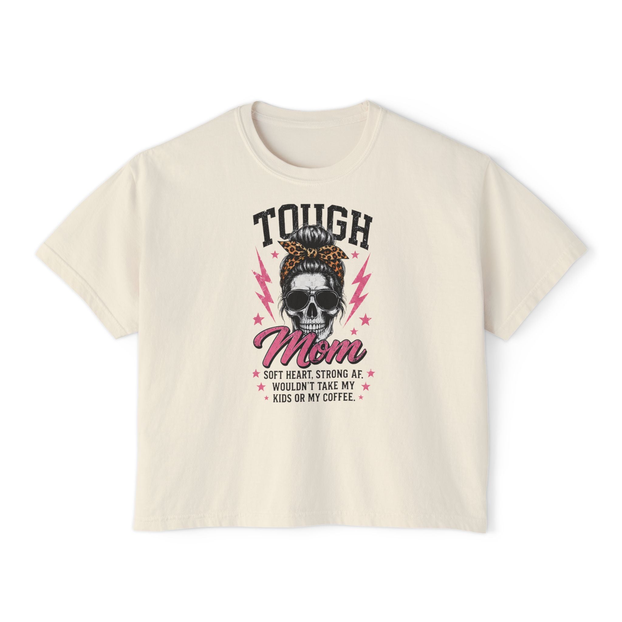 Tough Mom Boxy Tee — Skull Graphic "Tough Mom" Crop T-Shirt