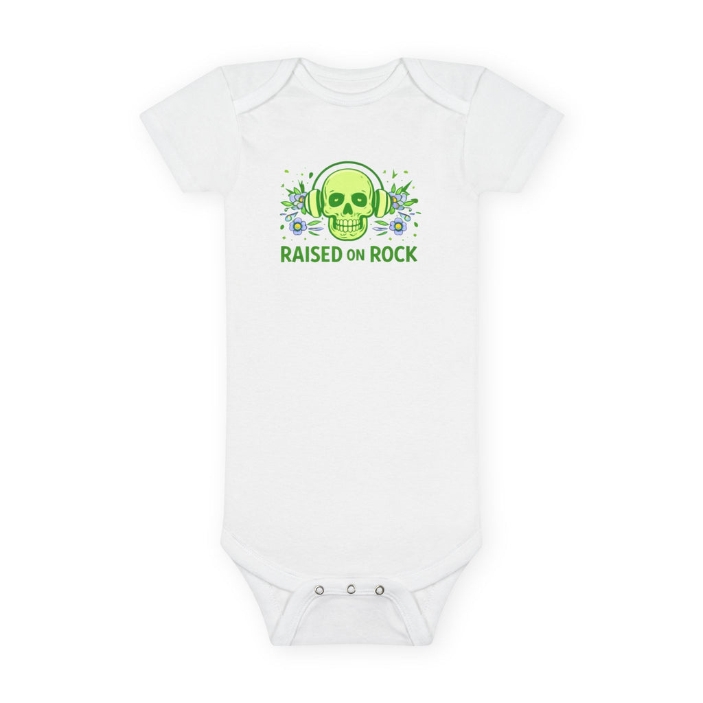 Baby Onesie "Raised on Rock" Skull Graphic Infant Bodysuit