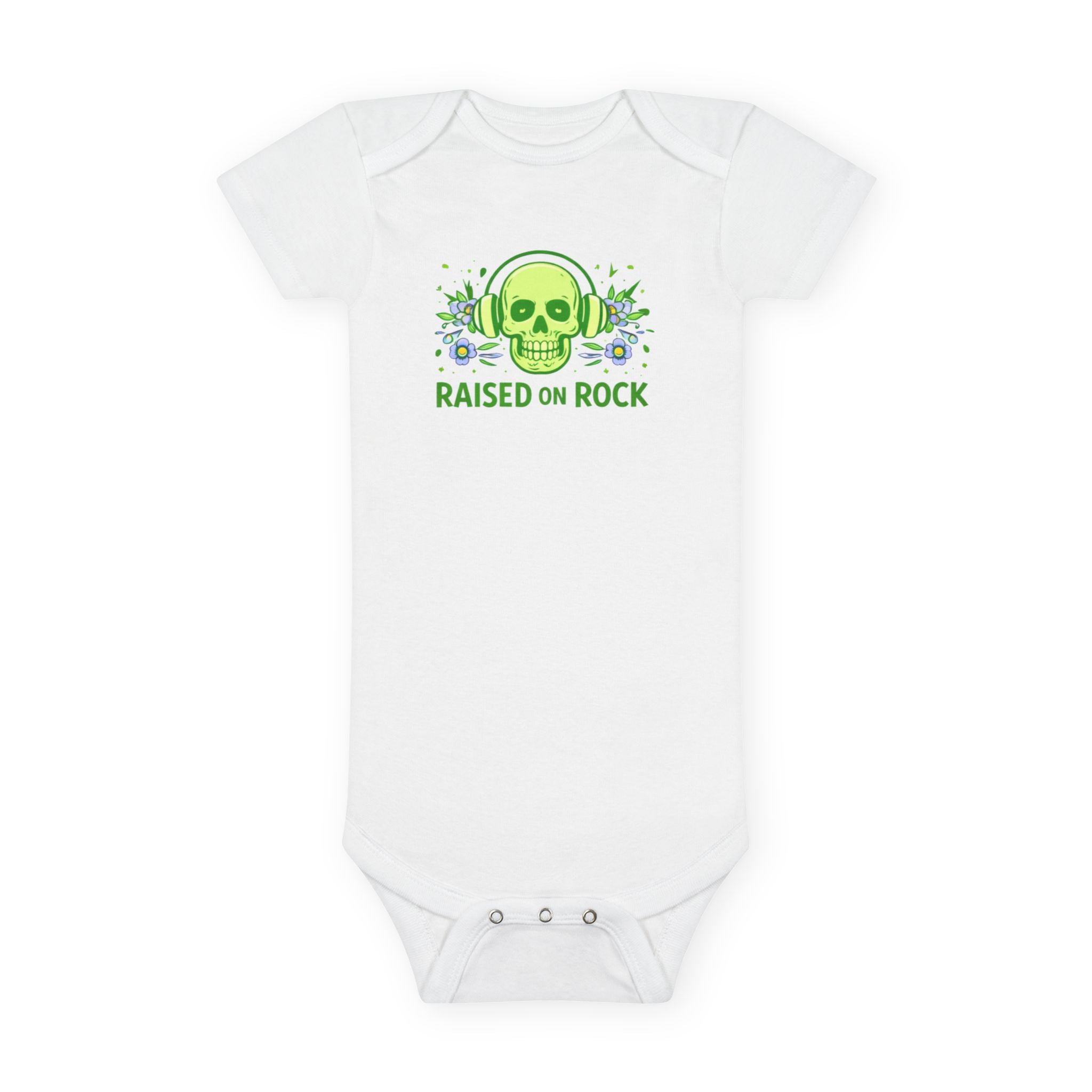 Baby Onesie "Raised on Rock" Skull Graphic Infant Bodysuit