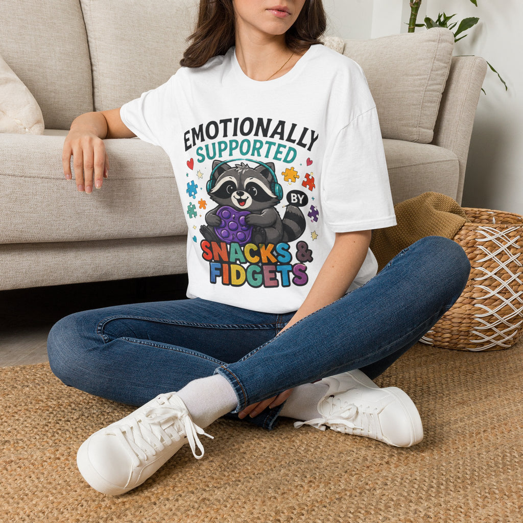 Emotionally Supported by Snacks & Fidgets" Cute Raccoon Graphic