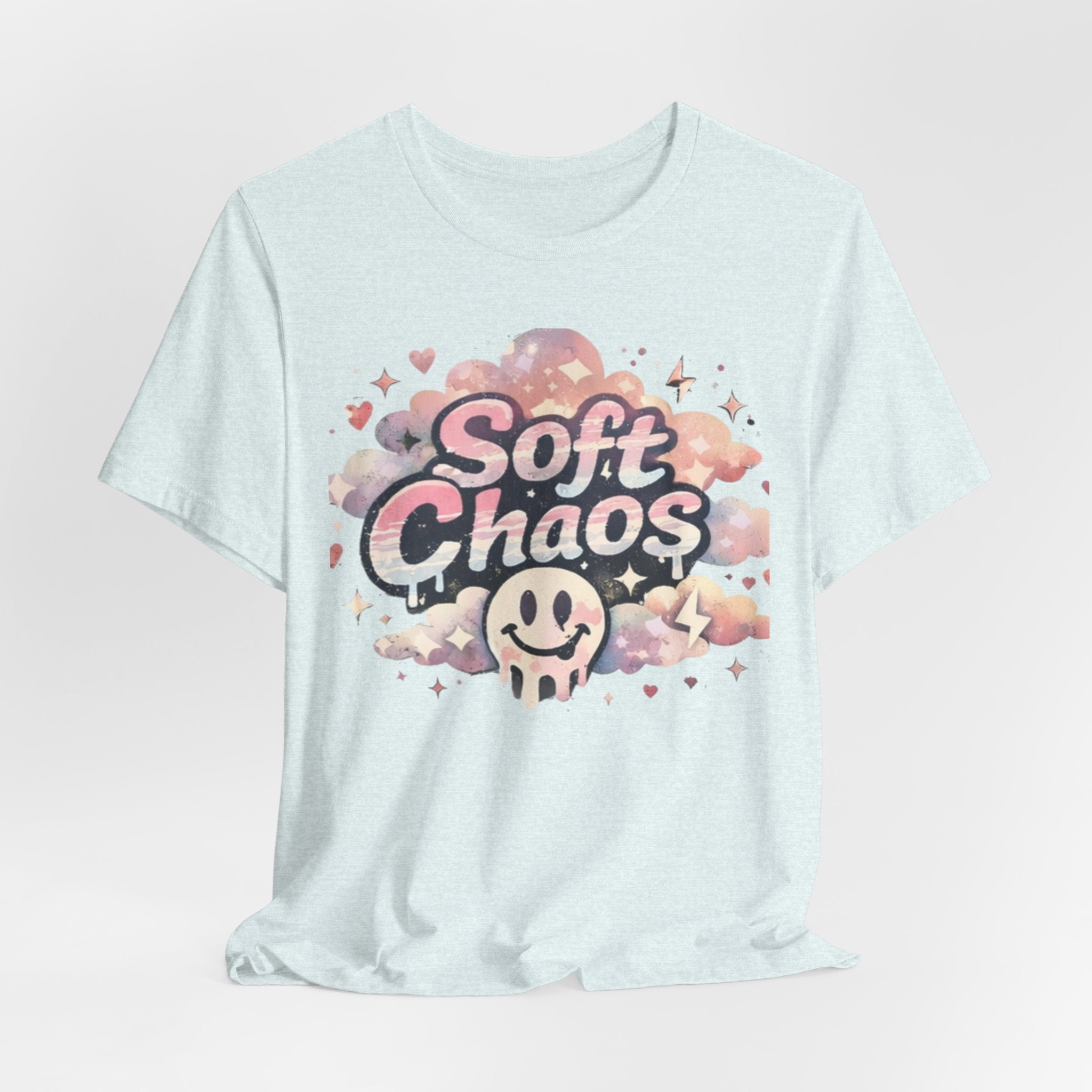 Soft Chaos Graphic Tee — Cute Pastel Cloud Smiley Shirt
