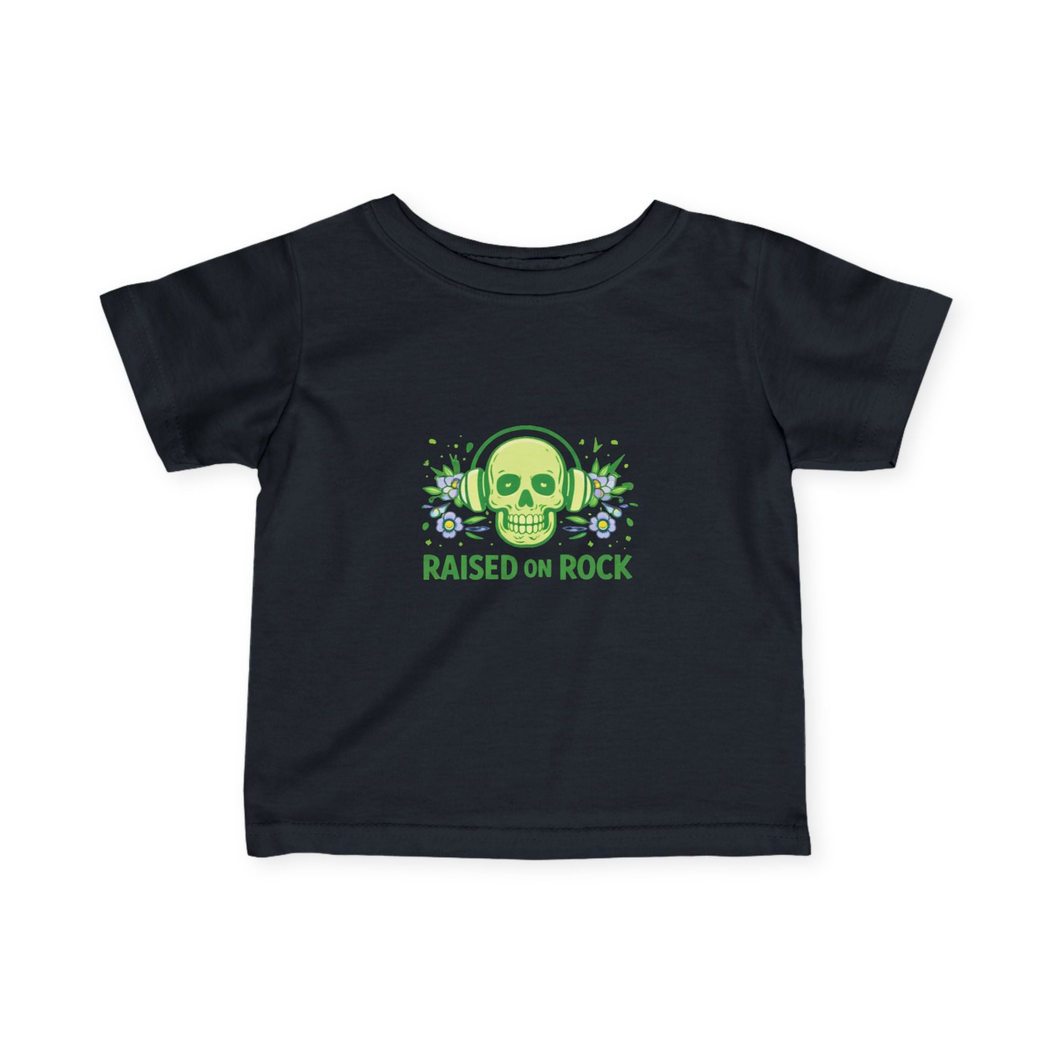 Infant Tee — "Raised on Rock" Neon Skull Baby Shirt